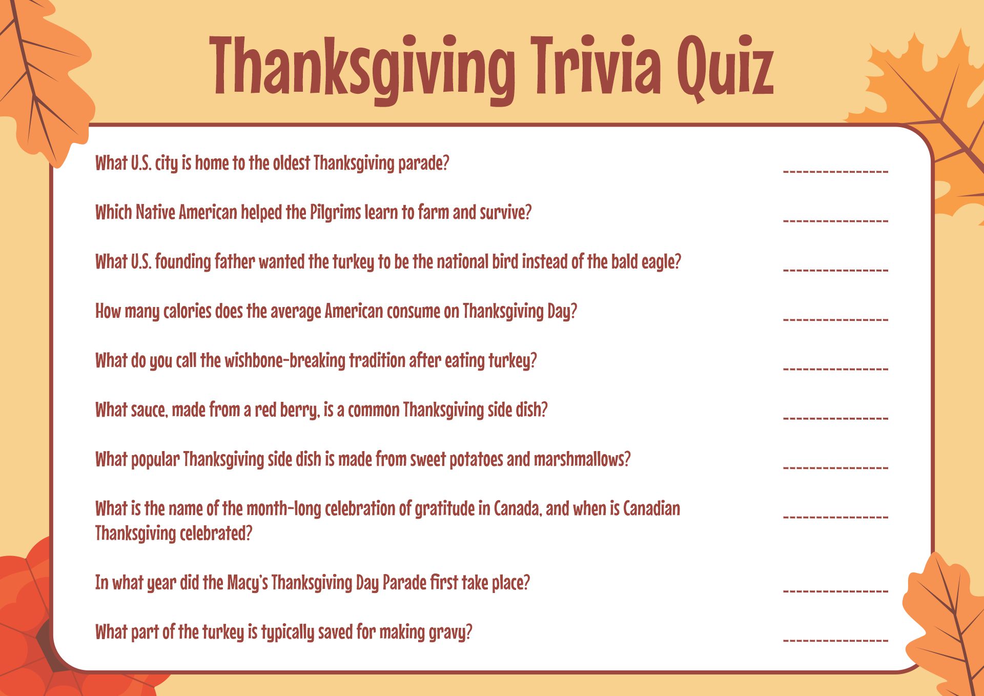 Printable Thanksgiving Trivia