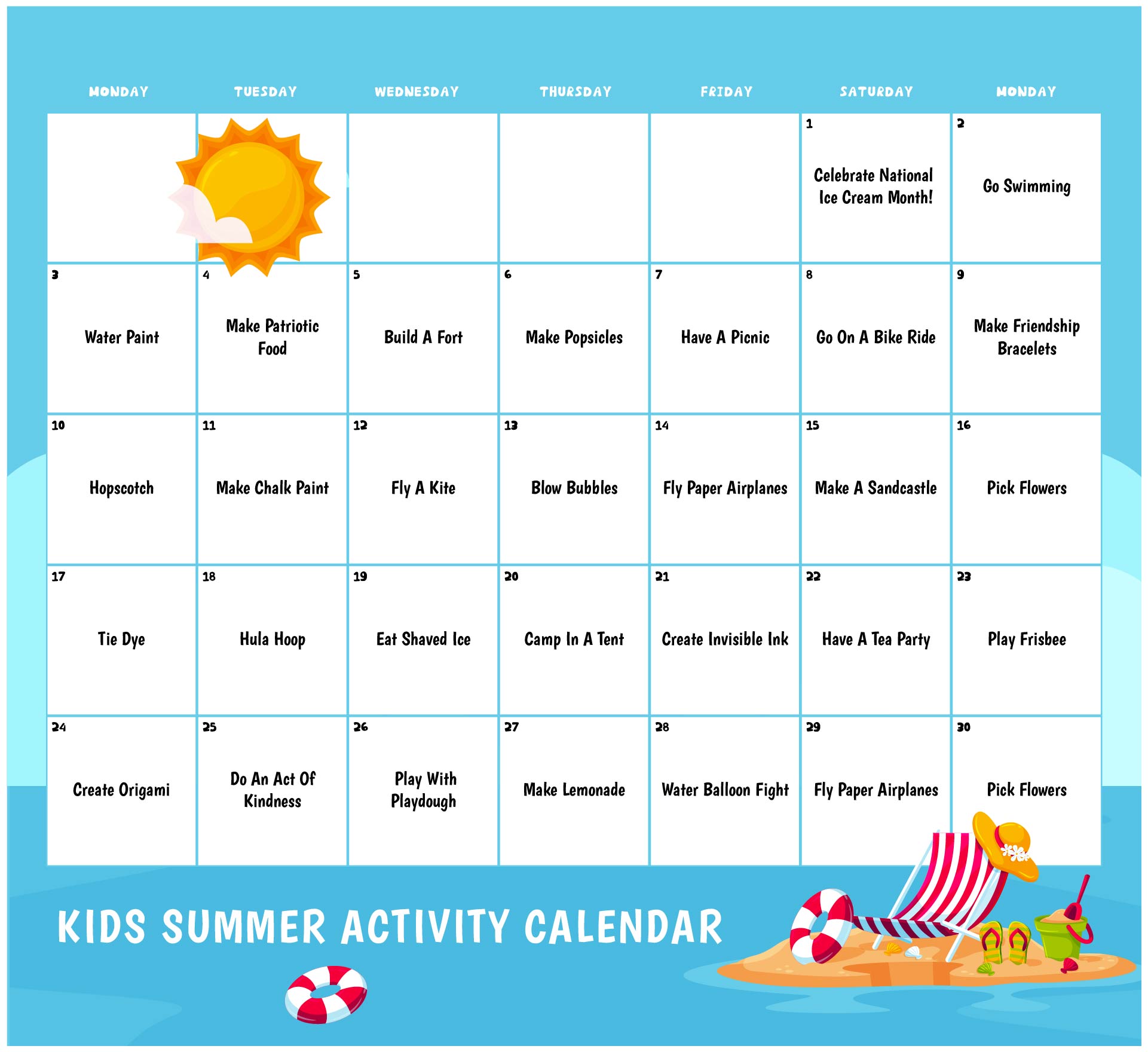 Printable Summer Activity Calendar
