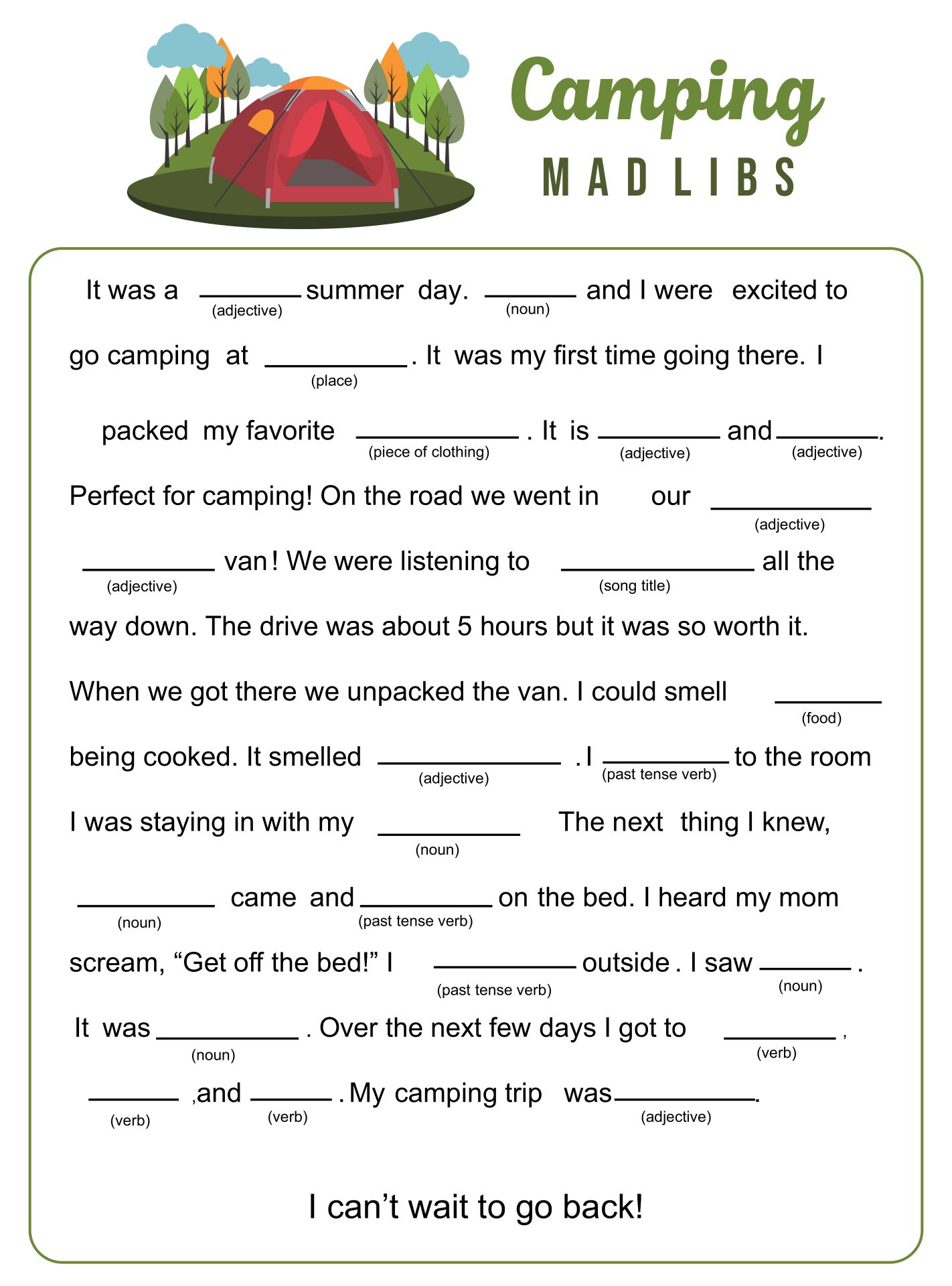 10 Best Camping Mad Libs Printable