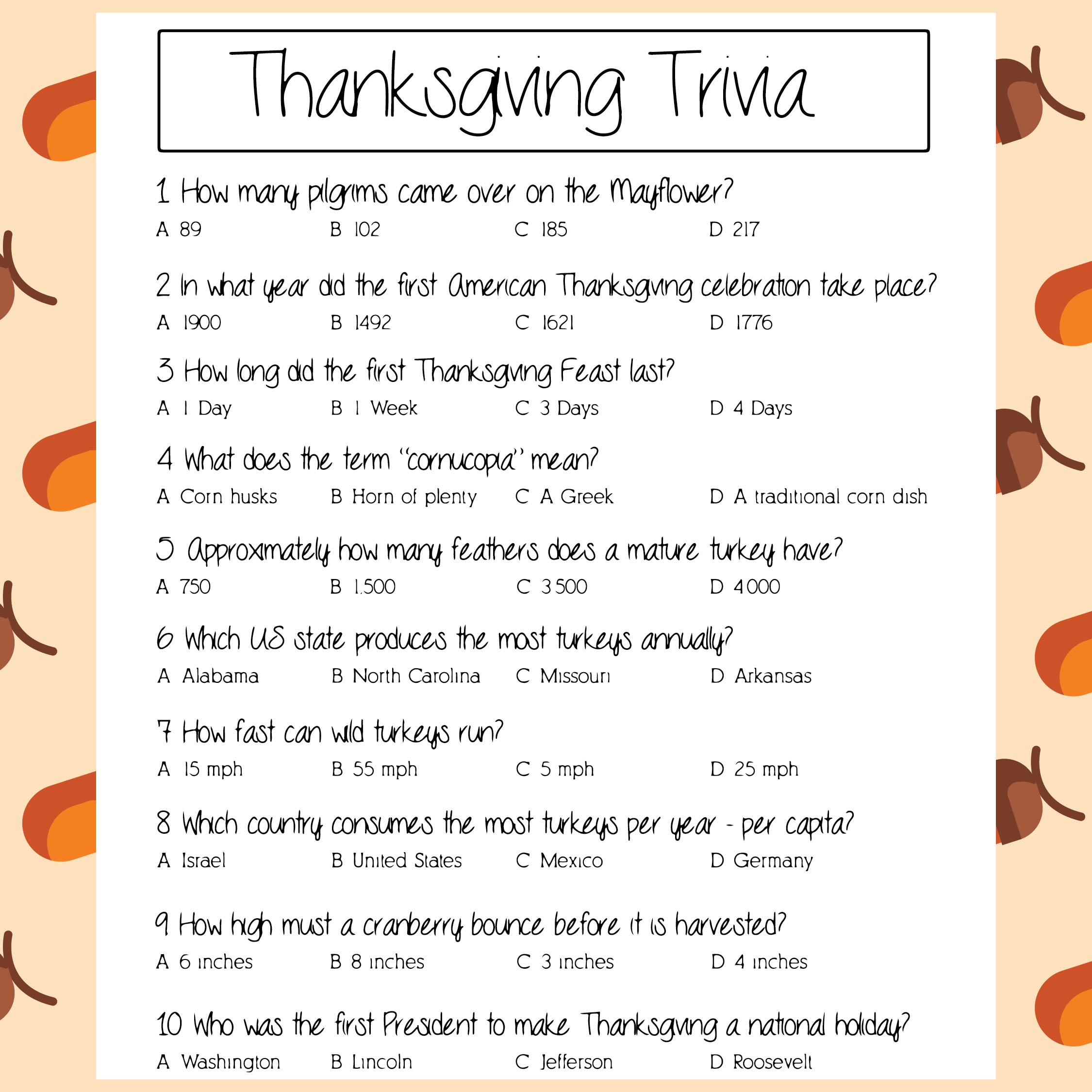 Thanksgiving Trivia For Kids Printable