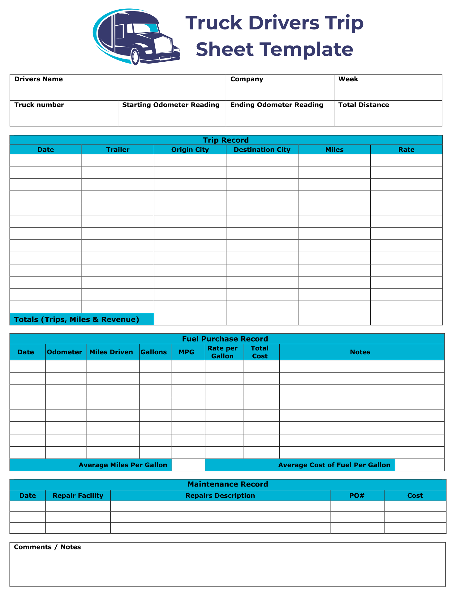 printable truck driver timesheet template