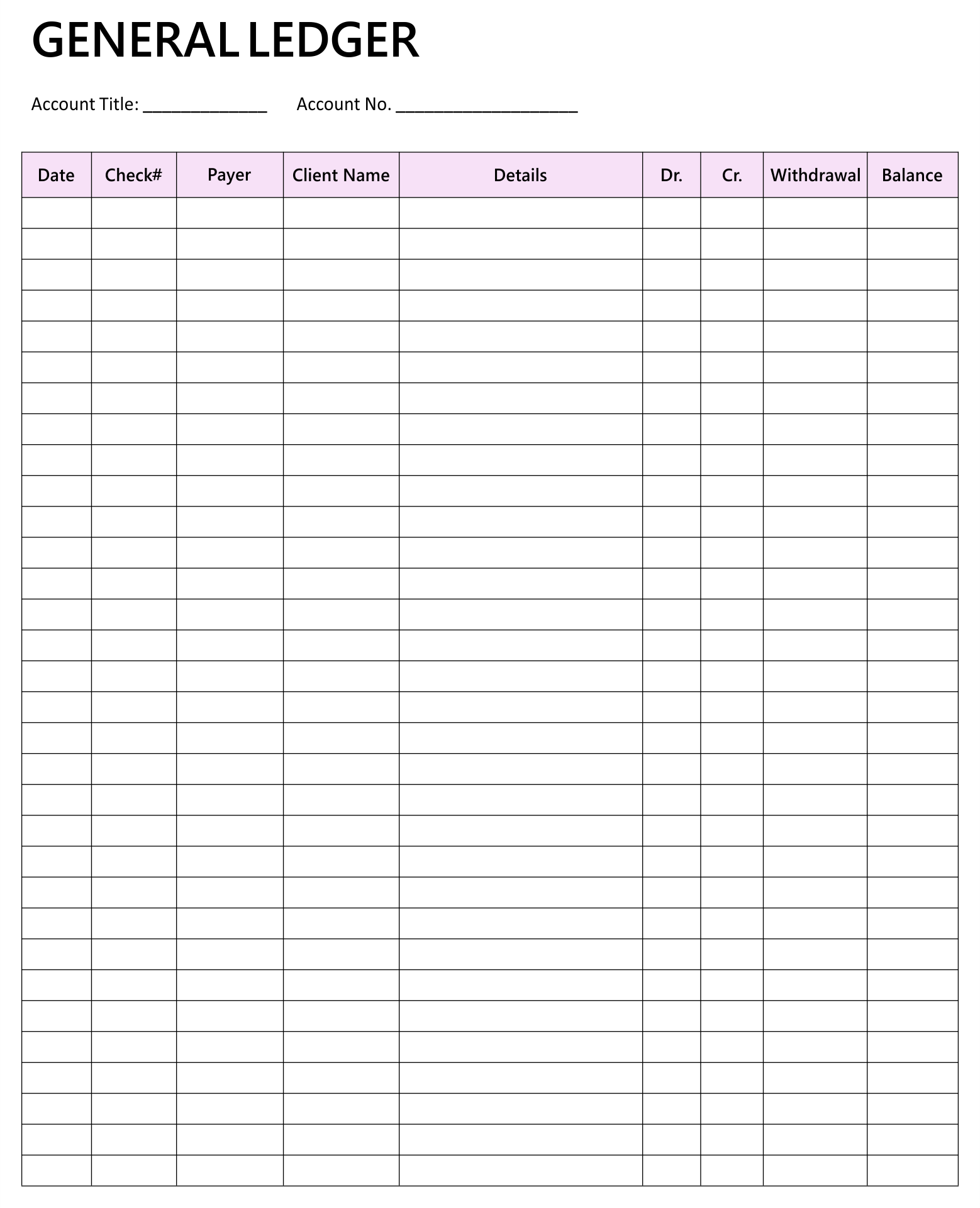 Financial Ledger Printable Ledger Template