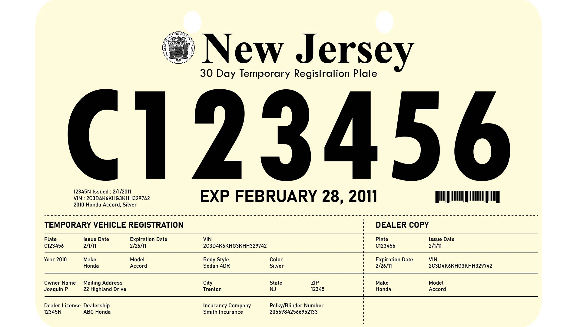 Printable Temporary License Plate Ny