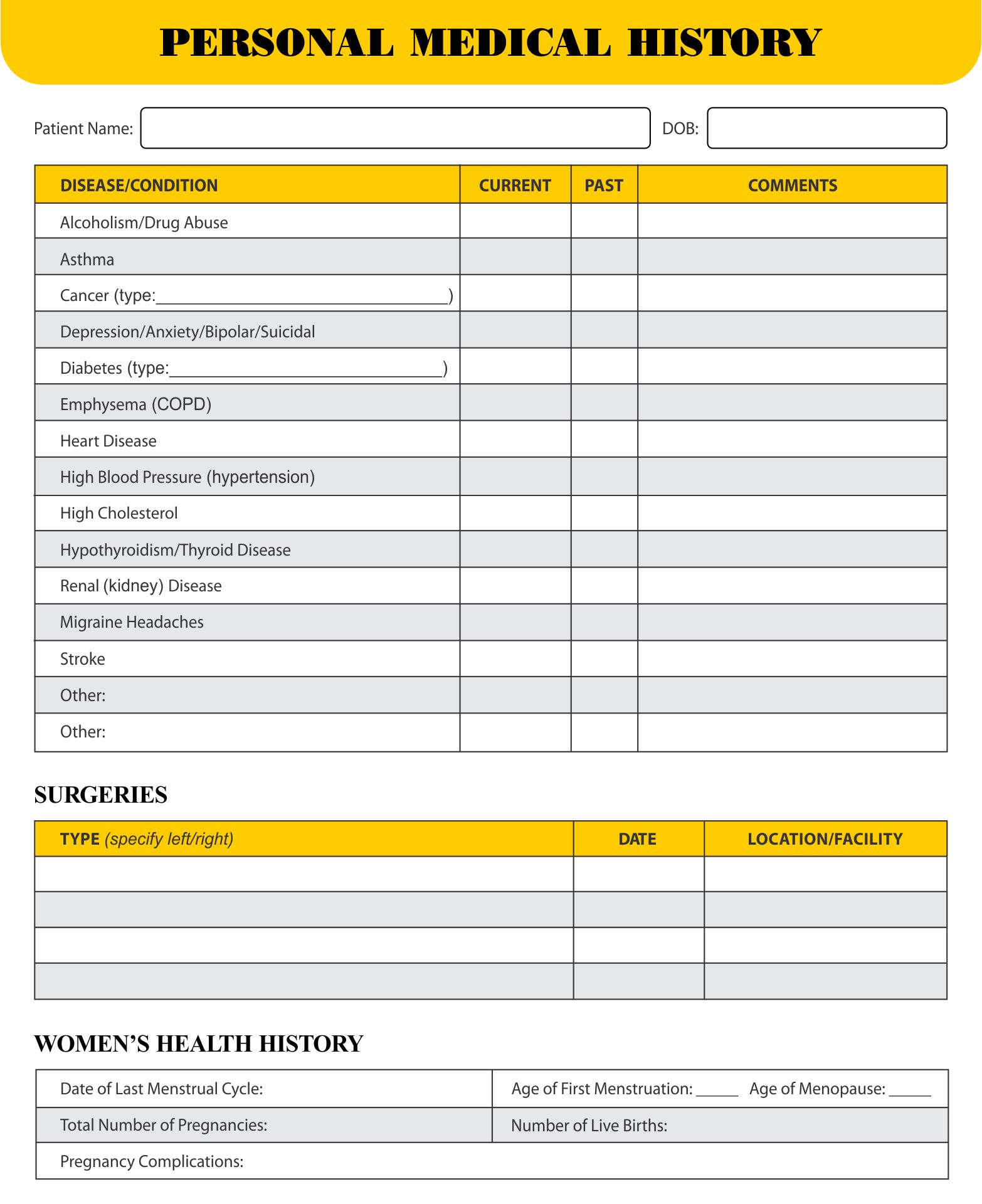 Personal Medical History Template