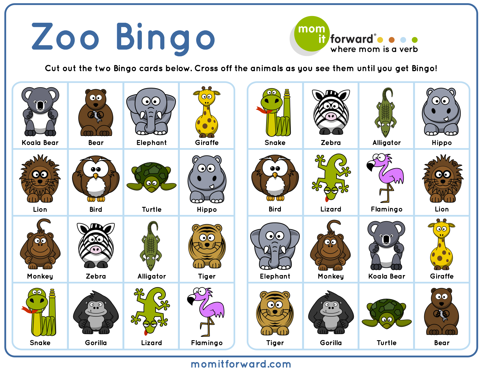 Zoo Animal Bingo Printable