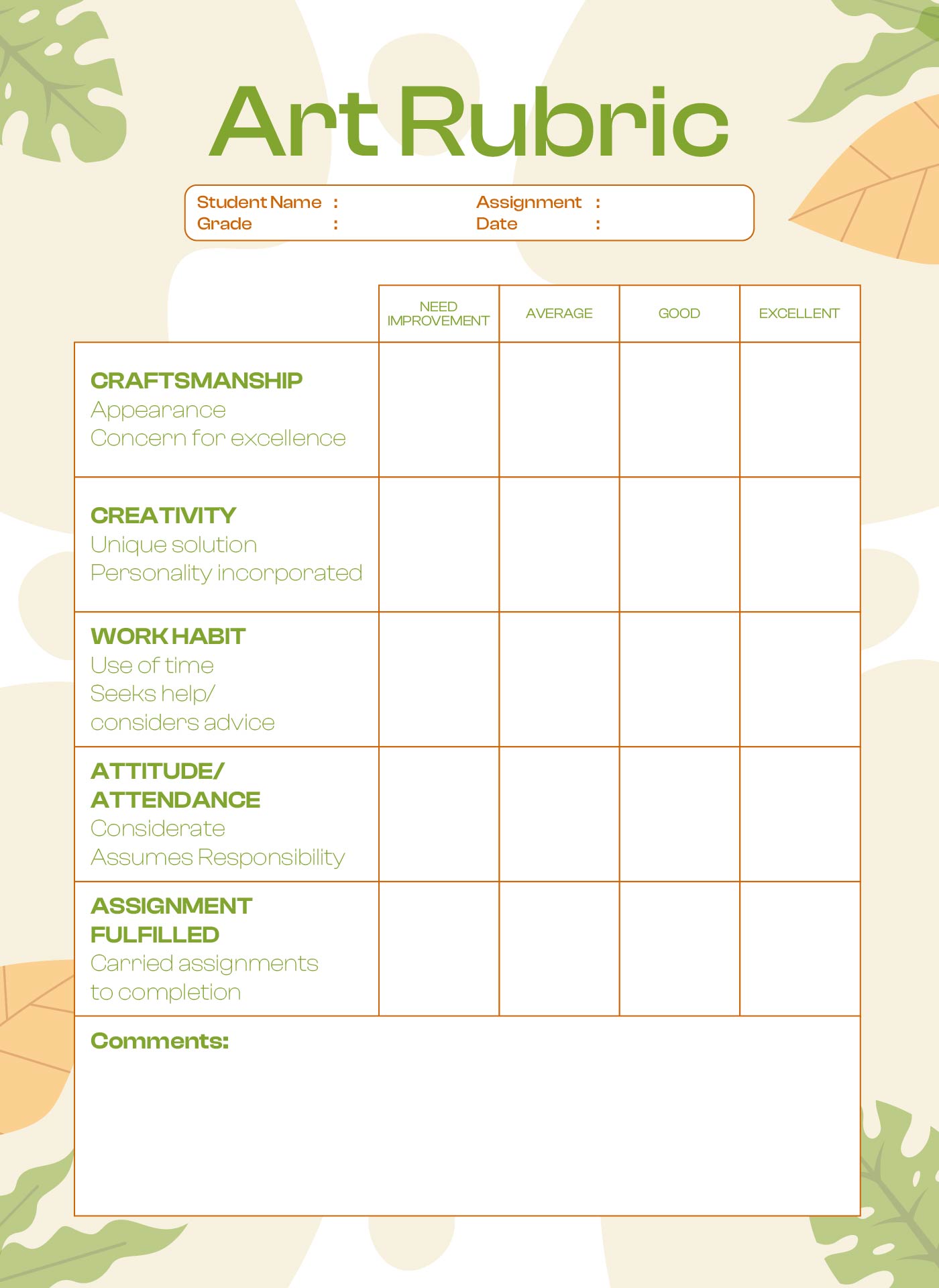 Elementary Art Project Rubric