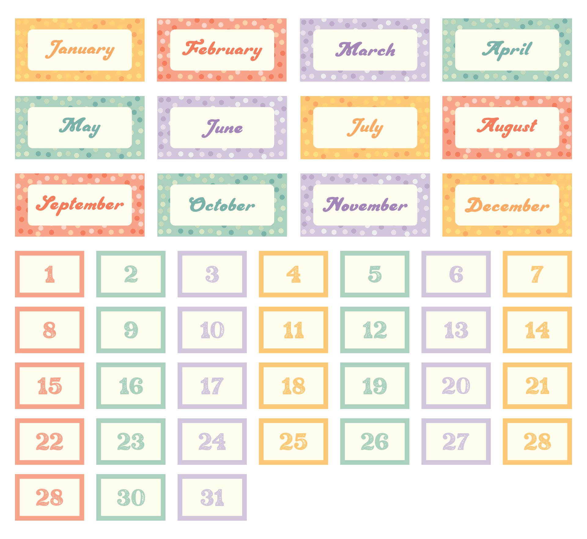 Printable Calendar Months & Numbers