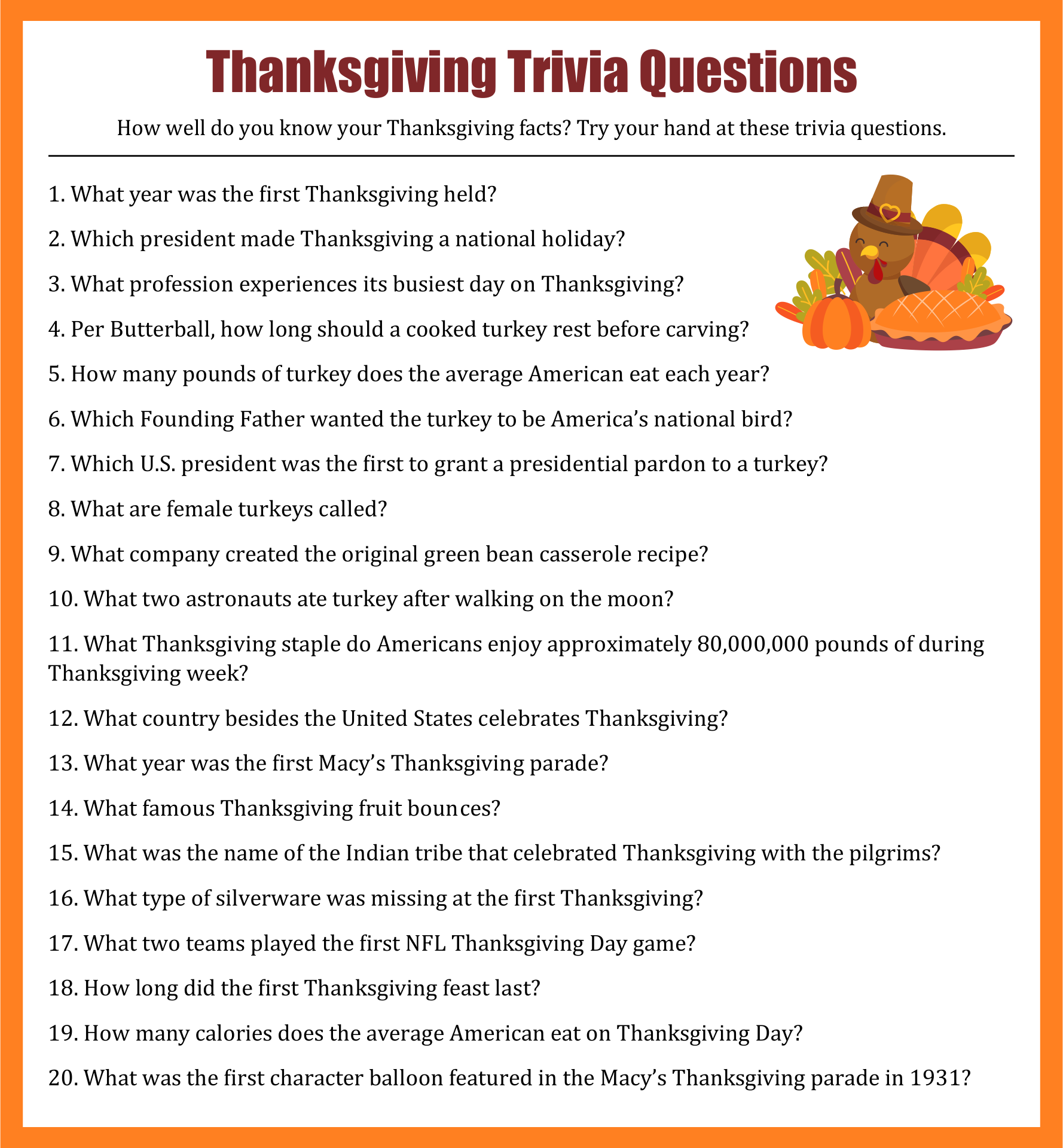 10 Best Free Printable Thanksgiving Trivia