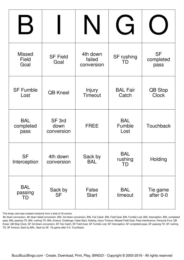 Super Bowl Bingo Cards Printable