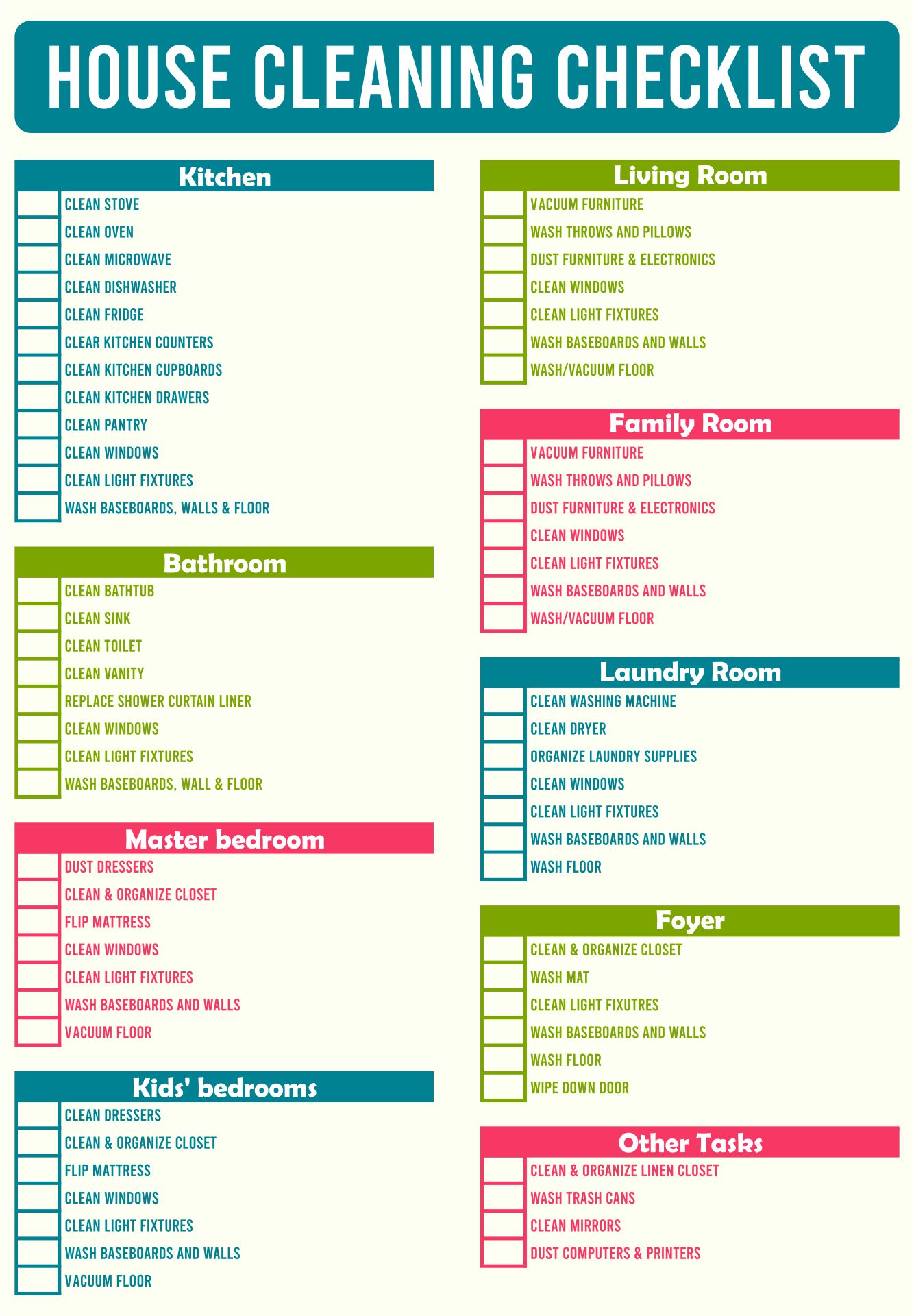 Professional House Cleaning Checklist Printable