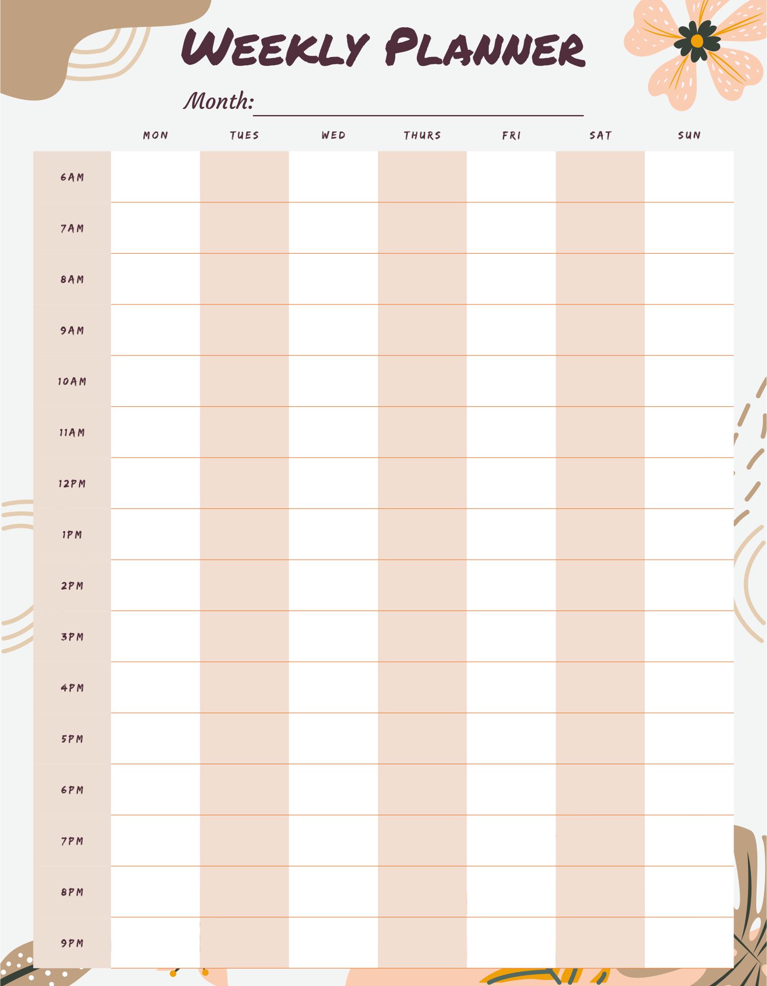 No Template With Times Weekly Planner Calendar