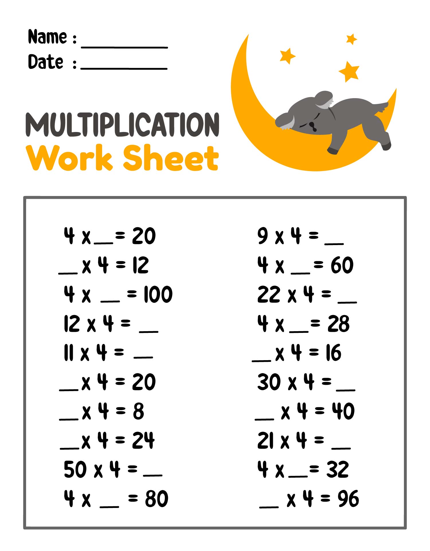 Multiplication X4 Worksheet Printable