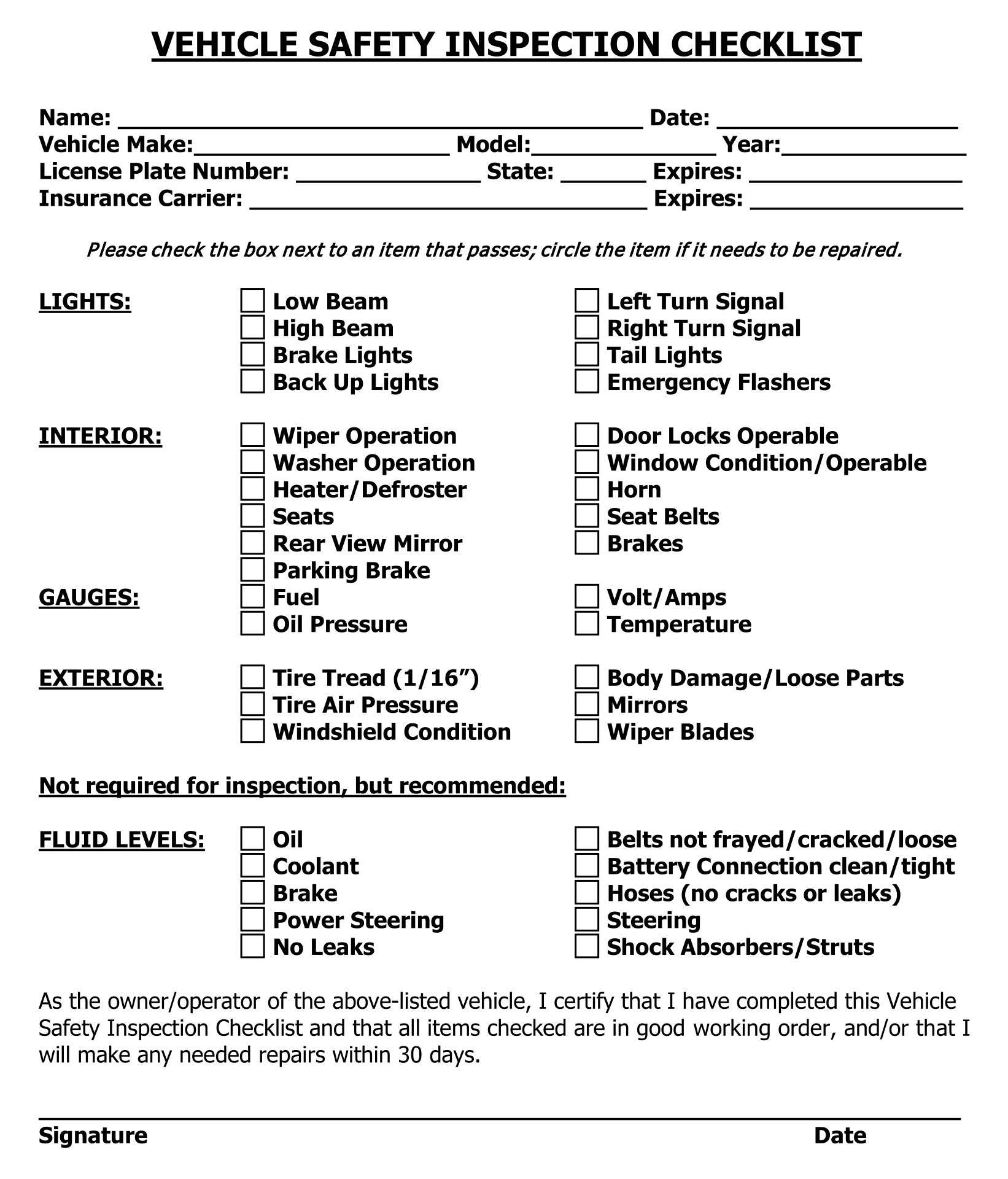 regular car maintenance checklist pdf