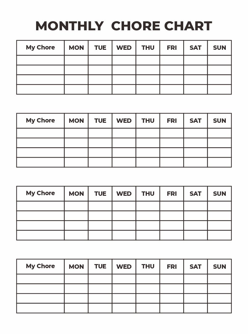 Printable Monthly Long Chore Chart Template
