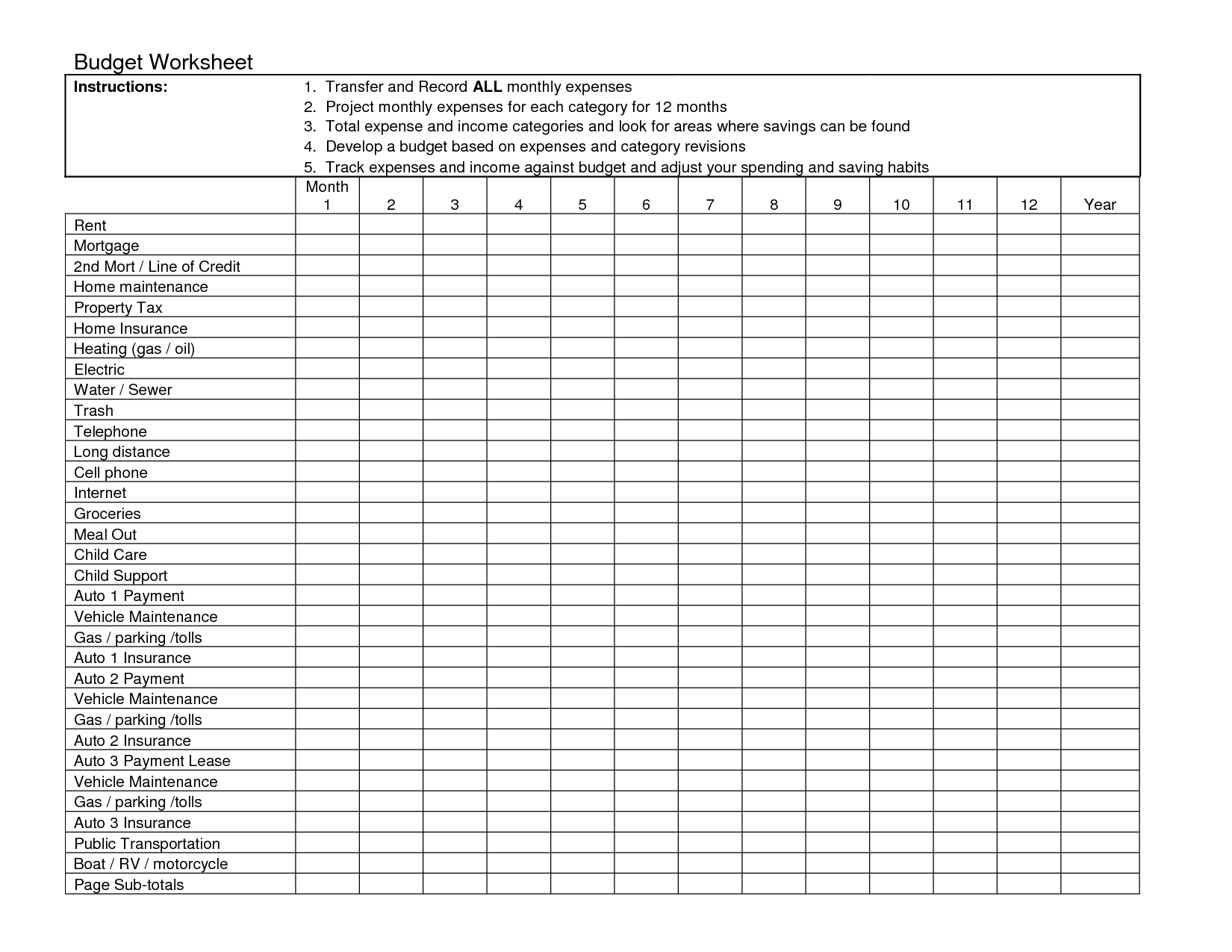 Blank Monthly Budget Worksheet Printable