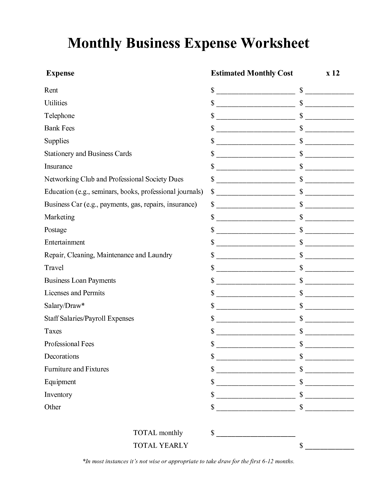 Monthly Business Expense Worksheet Template