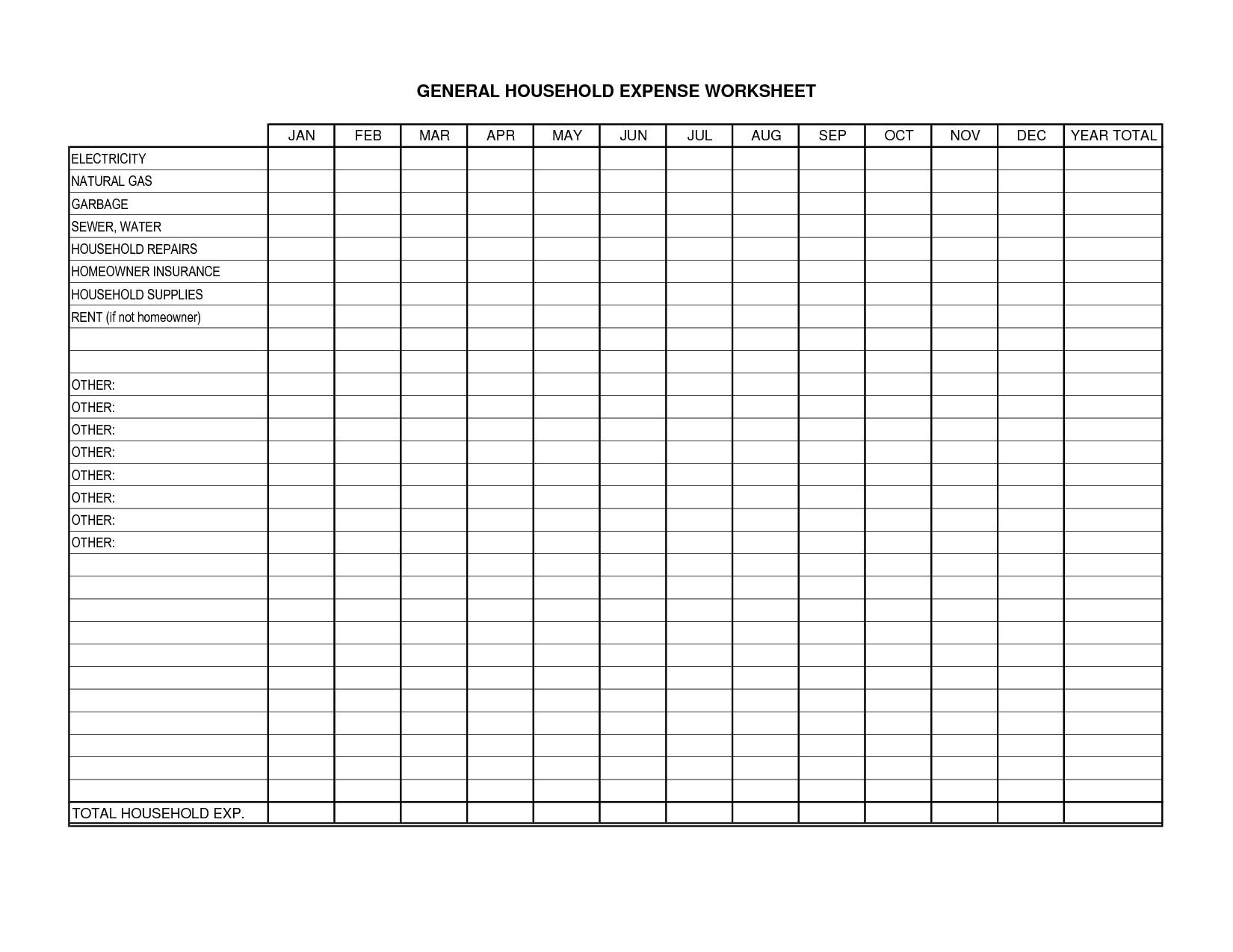 Printable Monthly Household Expense Worksheet