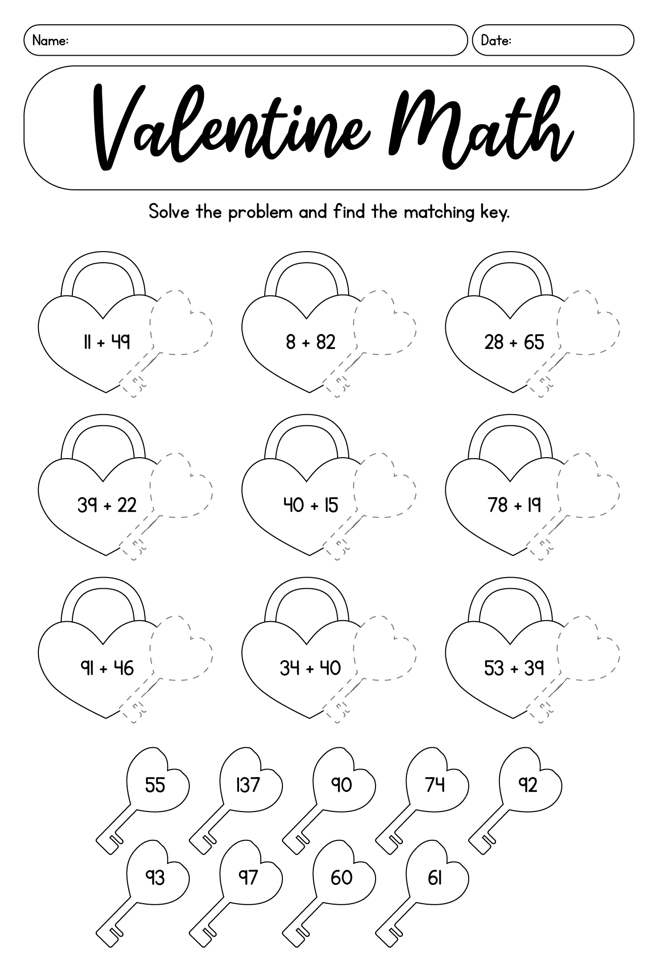 Valentine Math Worksheets Addition