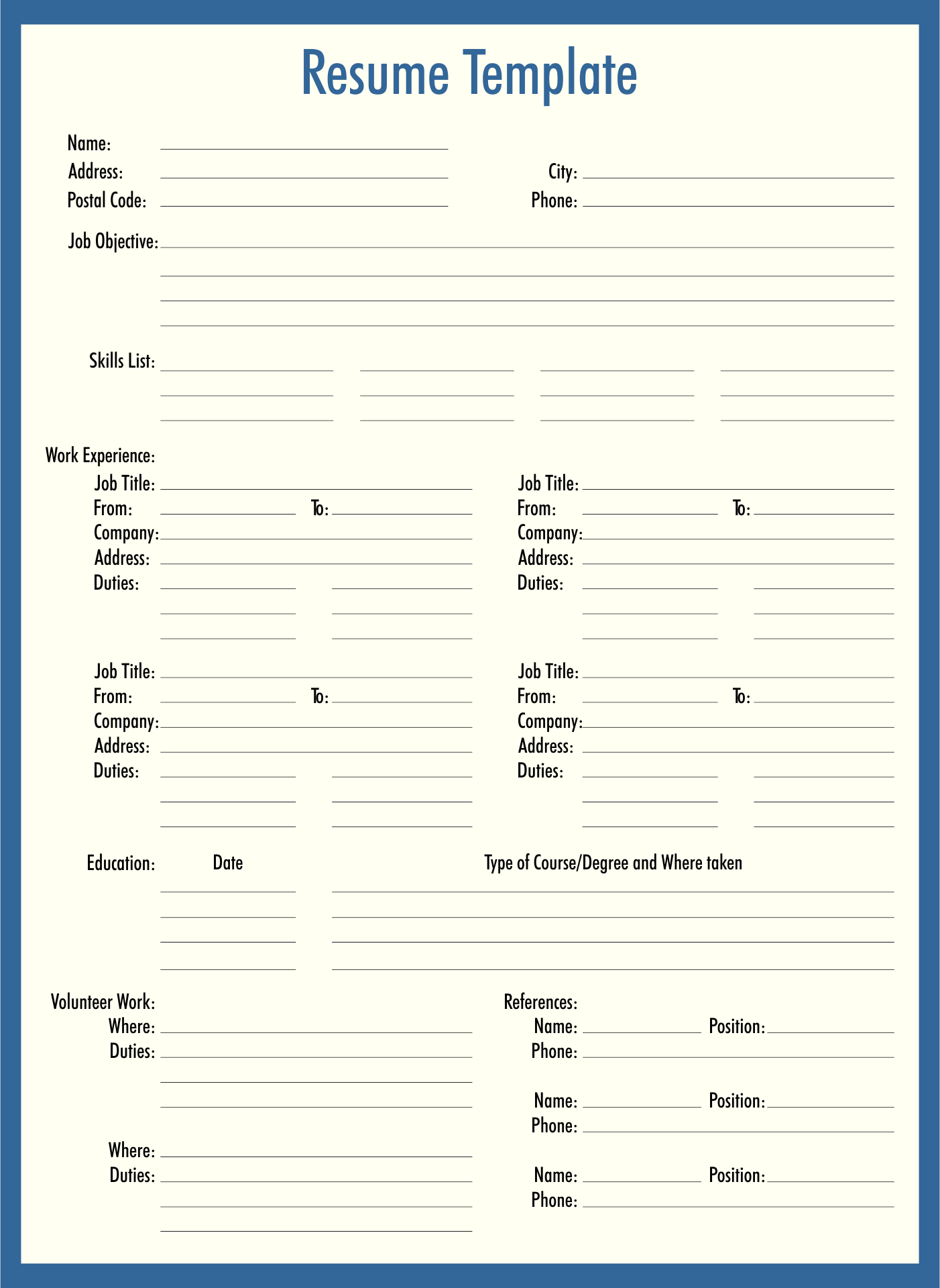 Fill In Blank Printable Resume