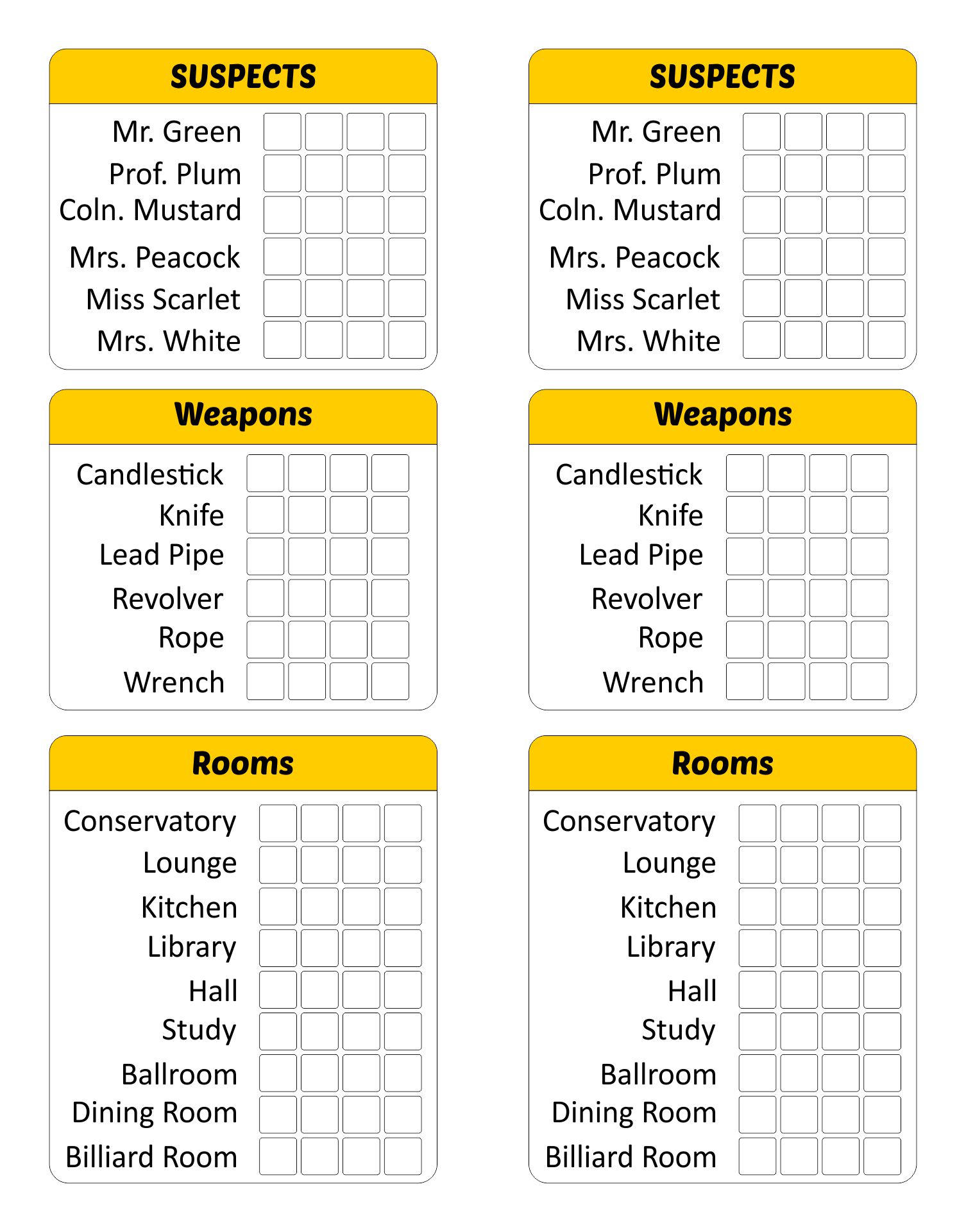 Clue Replacement Sheets Printable Free