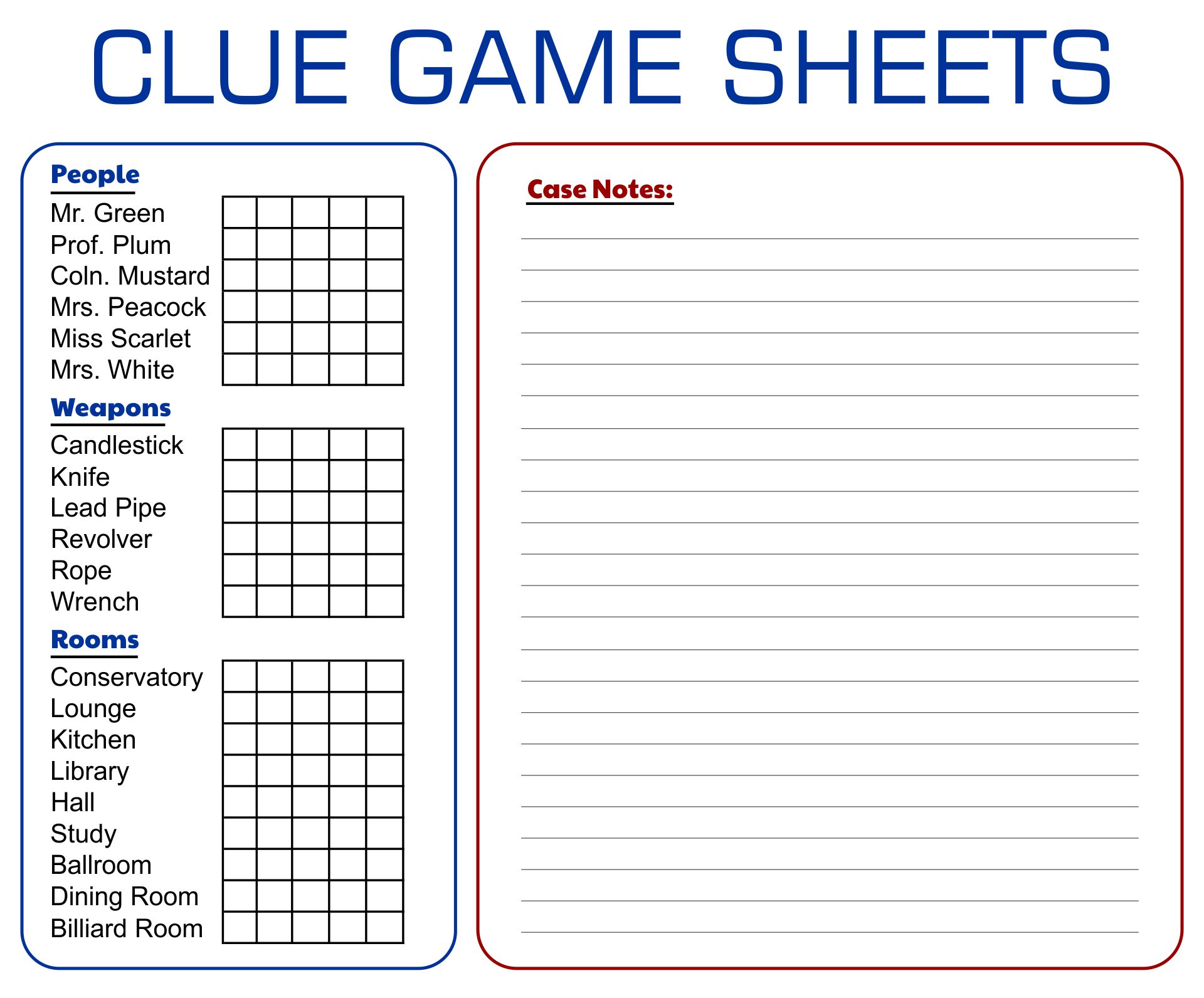 Printable Board Game Clue Sheets
