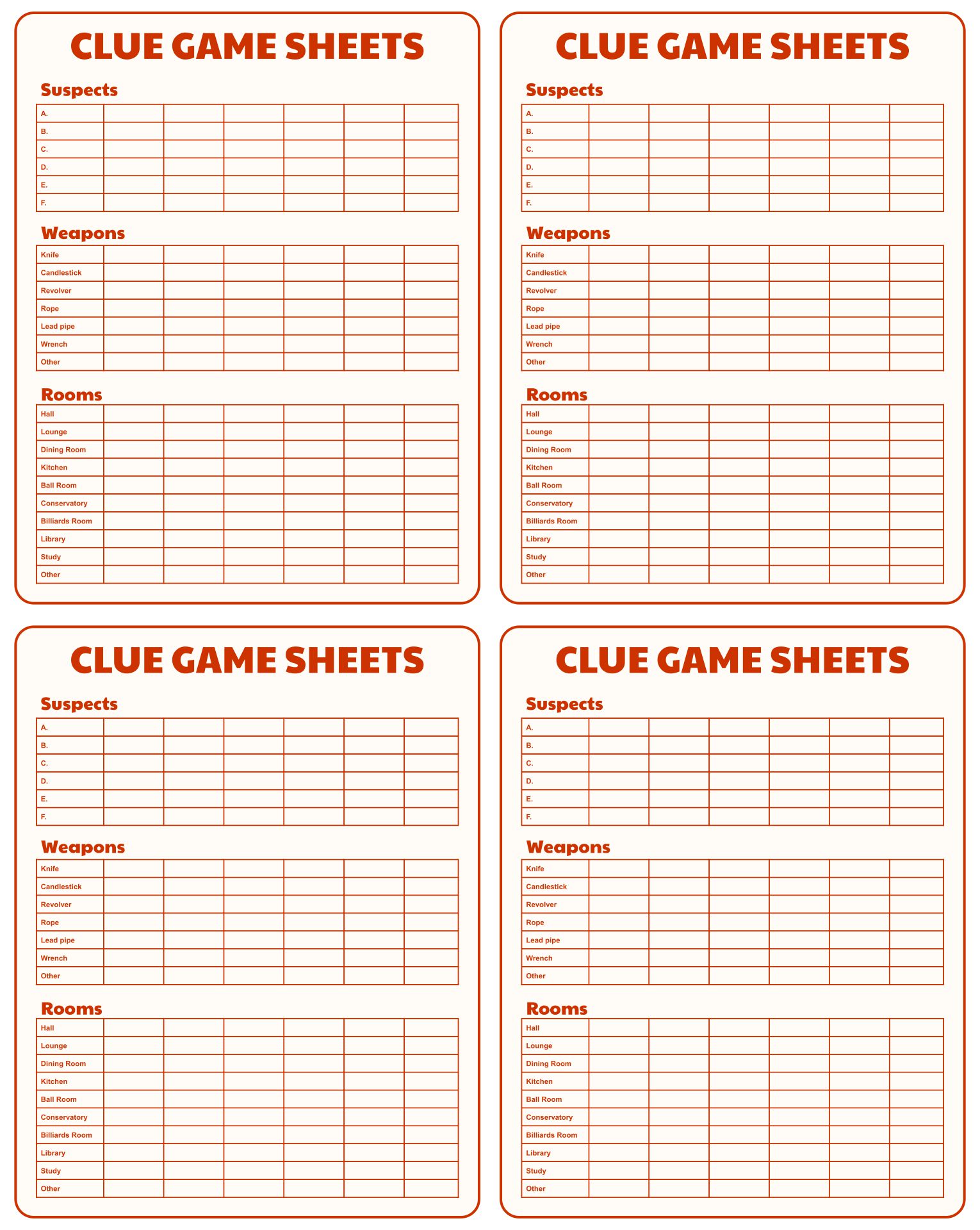10 Best Printable Board Game Clue Sheets for Free at