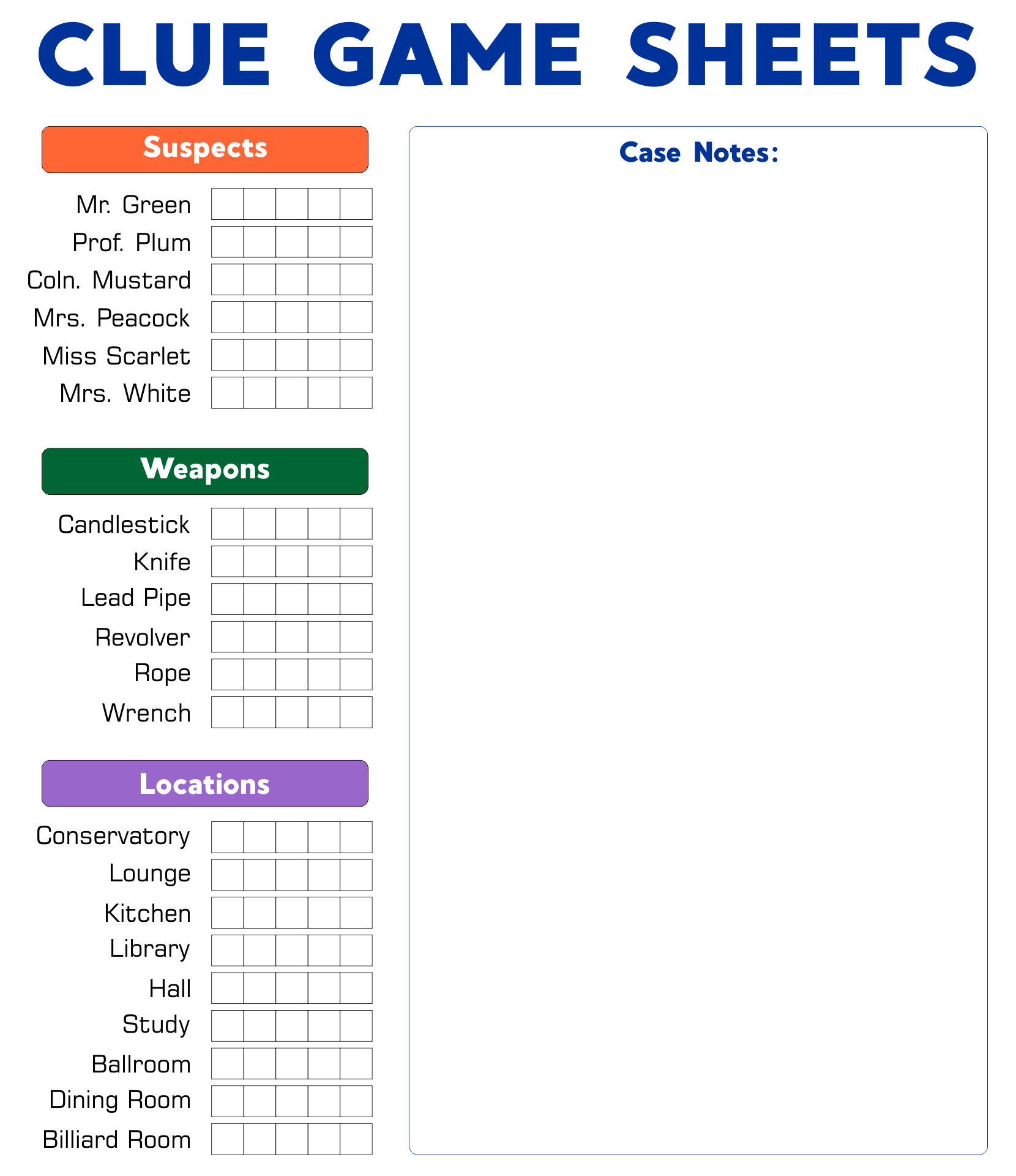 Board Game Clue Sheets 10 Free PDF Printables Printablee