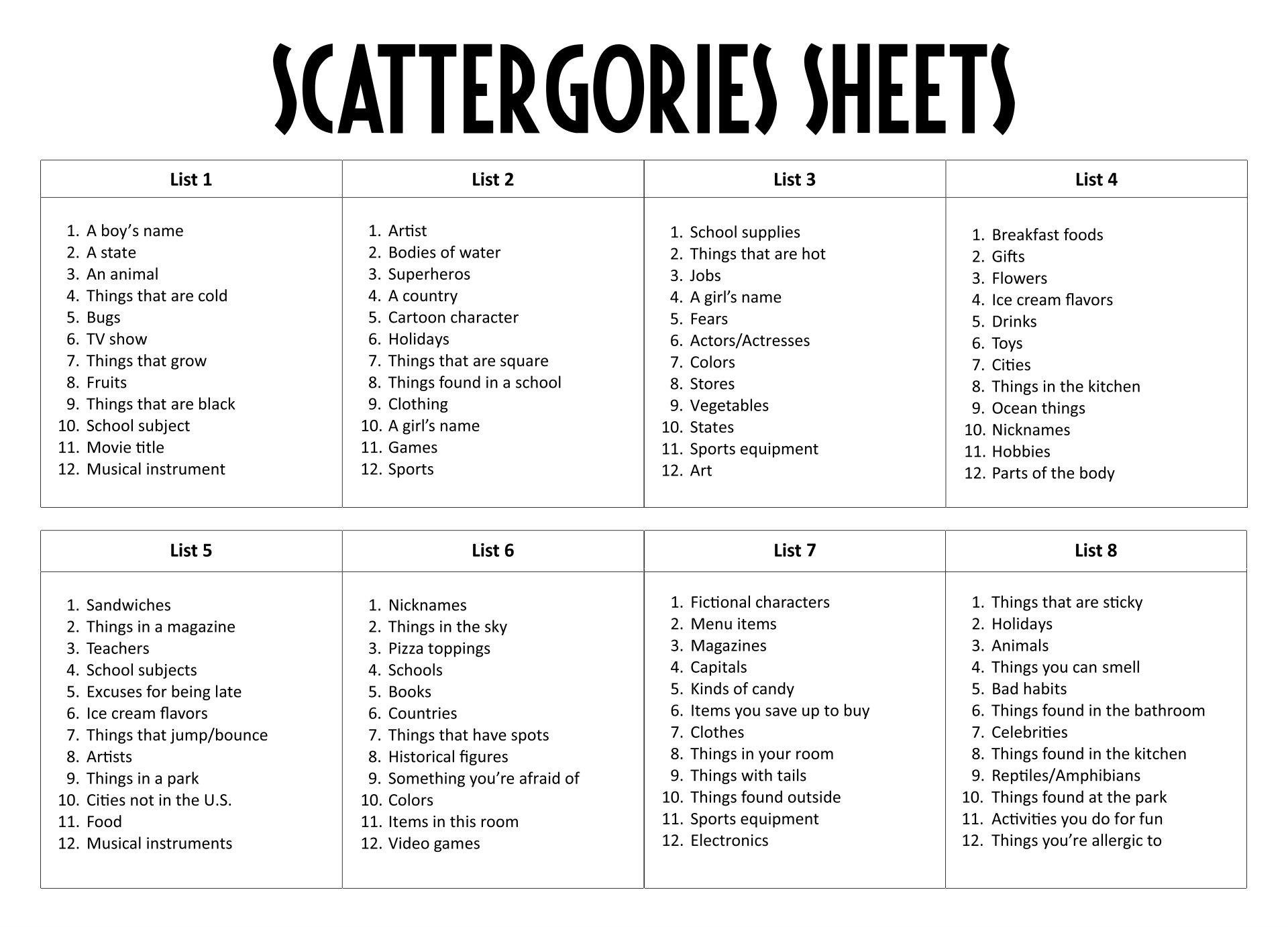 Scattergories Score Sheets