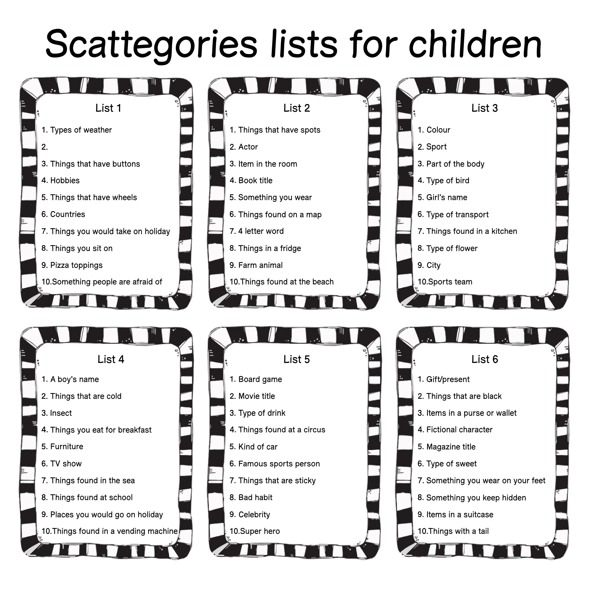 printable scattergories categories
