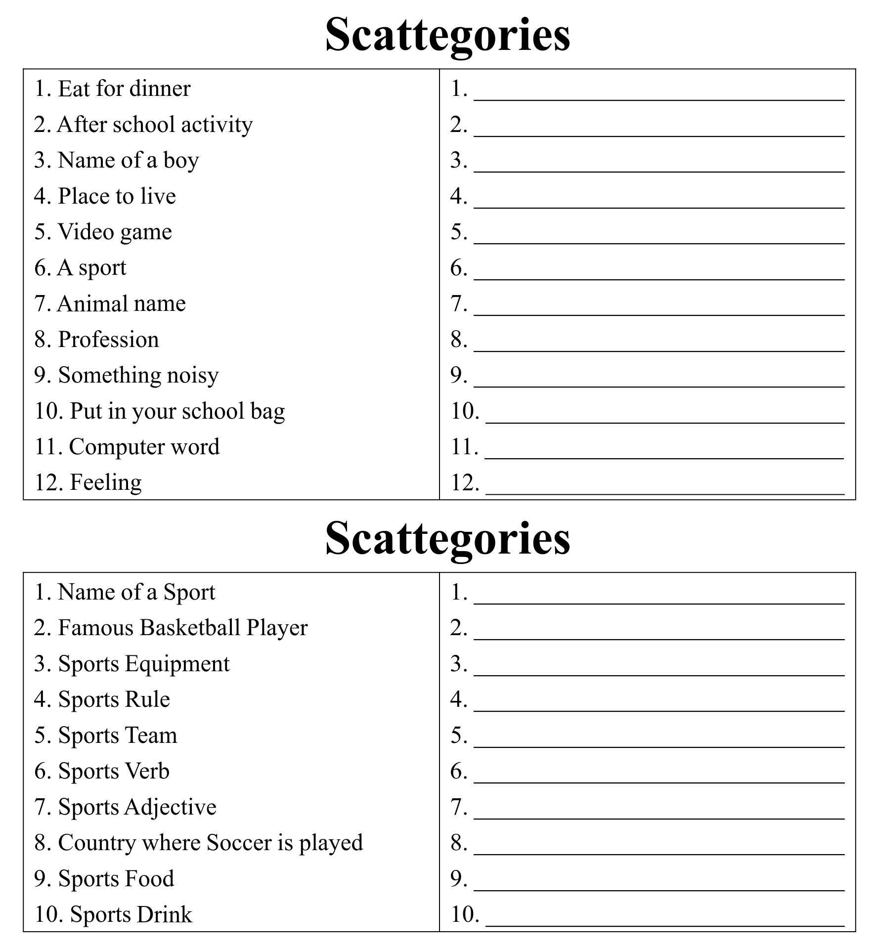Scattergories Lists Printable