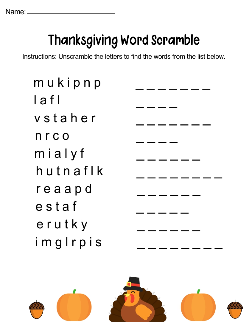 Thanksgiving Word Scramble  Printable