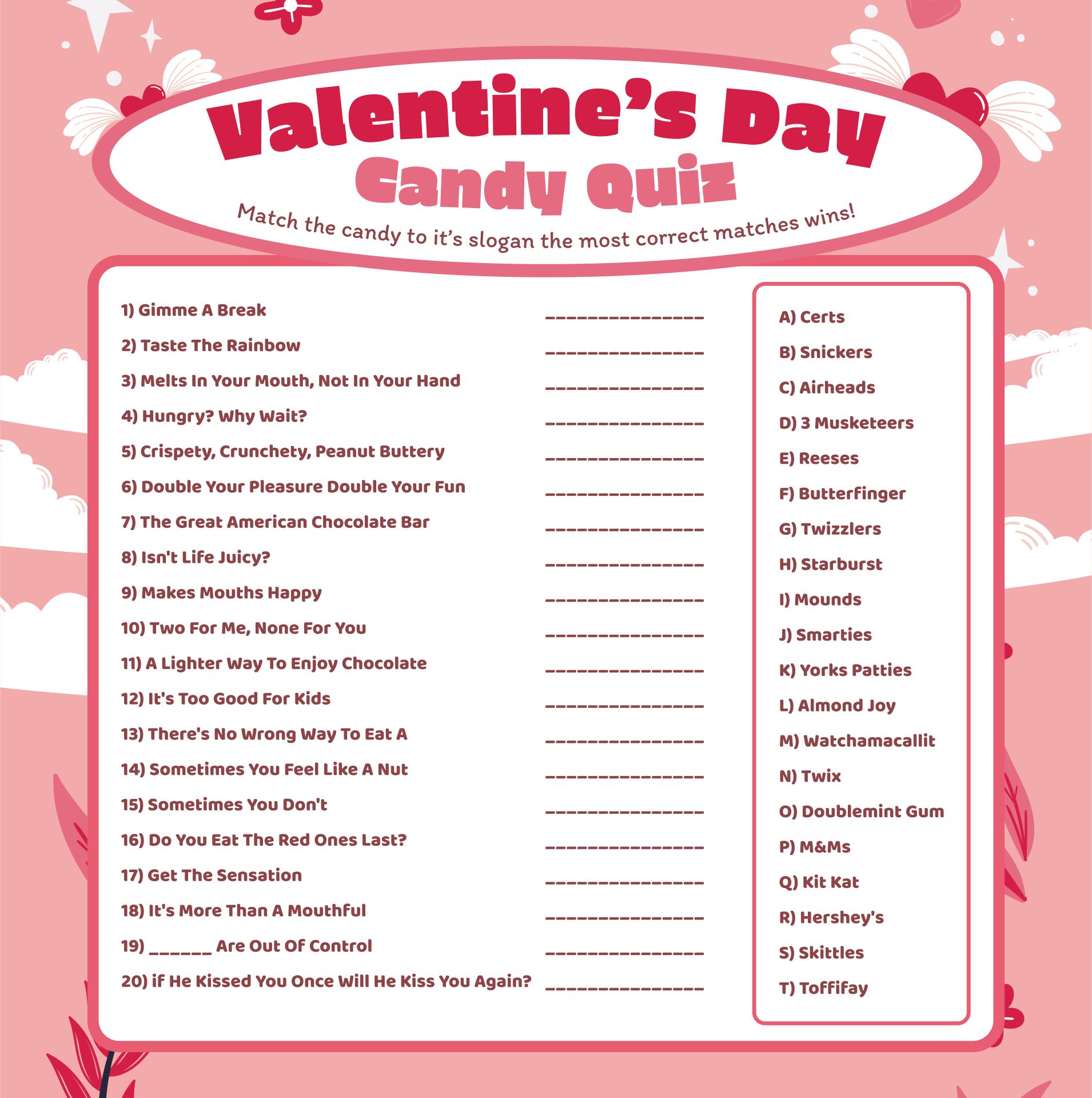5 Best Images of Valentine Day Candy Trivia Printable - Valentine's Day ...