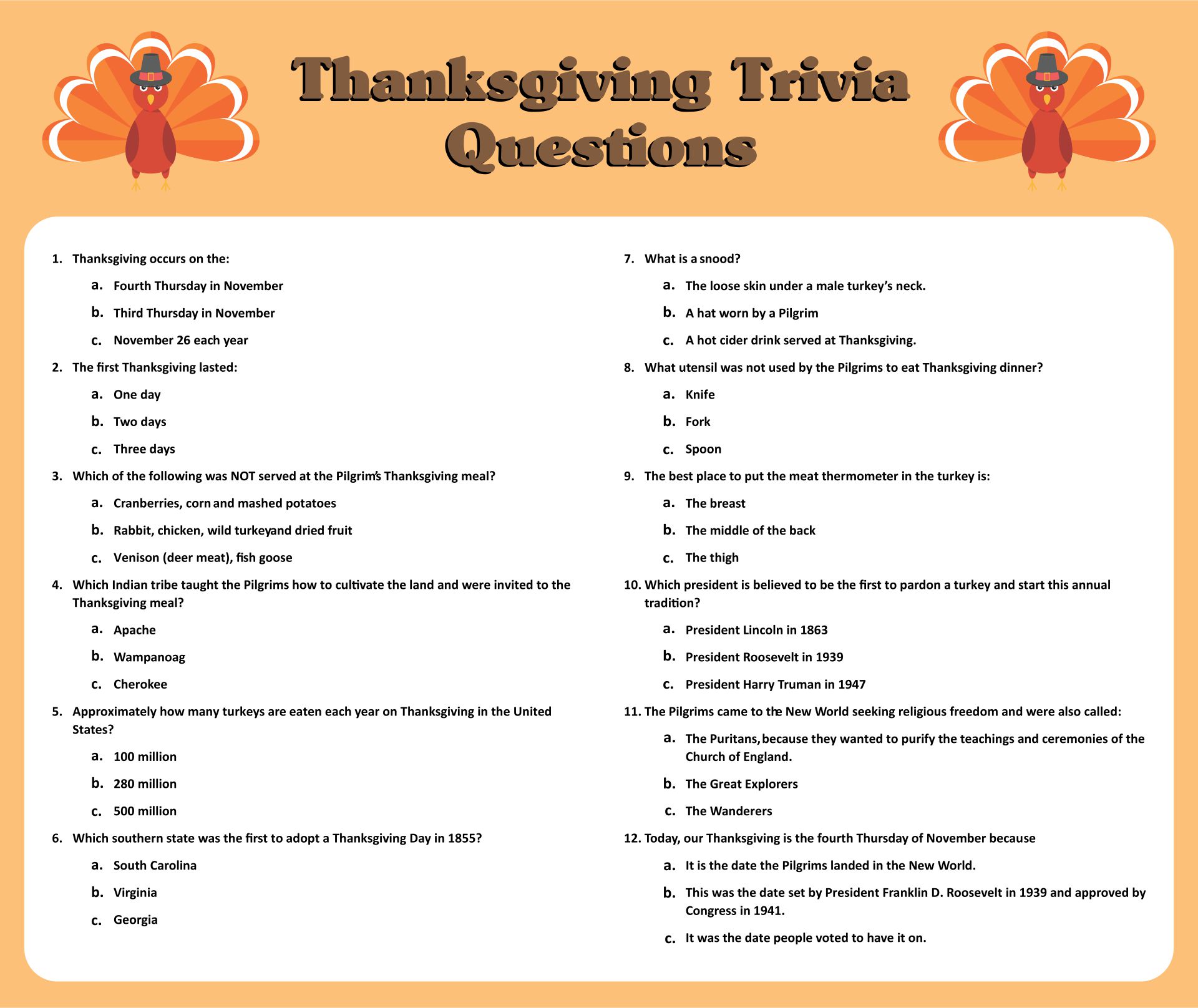 Printable Thanksgiving Quizzes