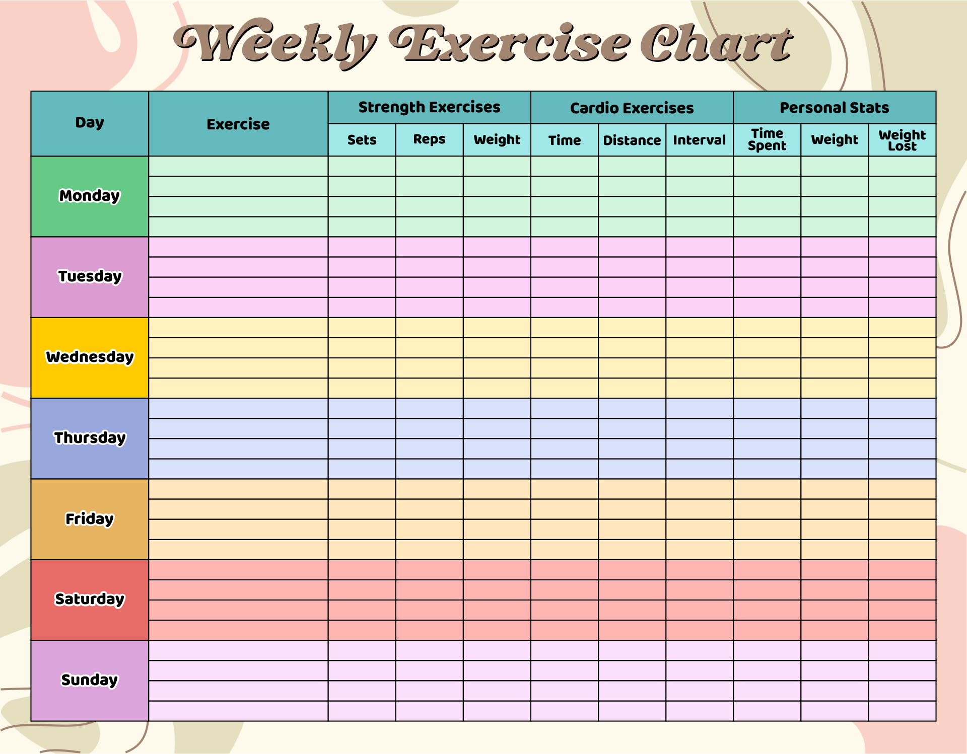 Weekly Exercise Chart  Printable Templates