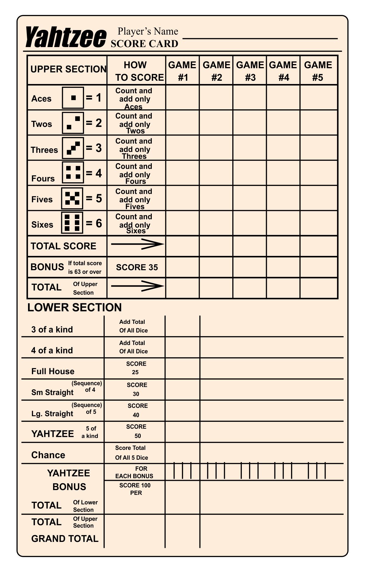 Large  Yahtzee Score Sheets