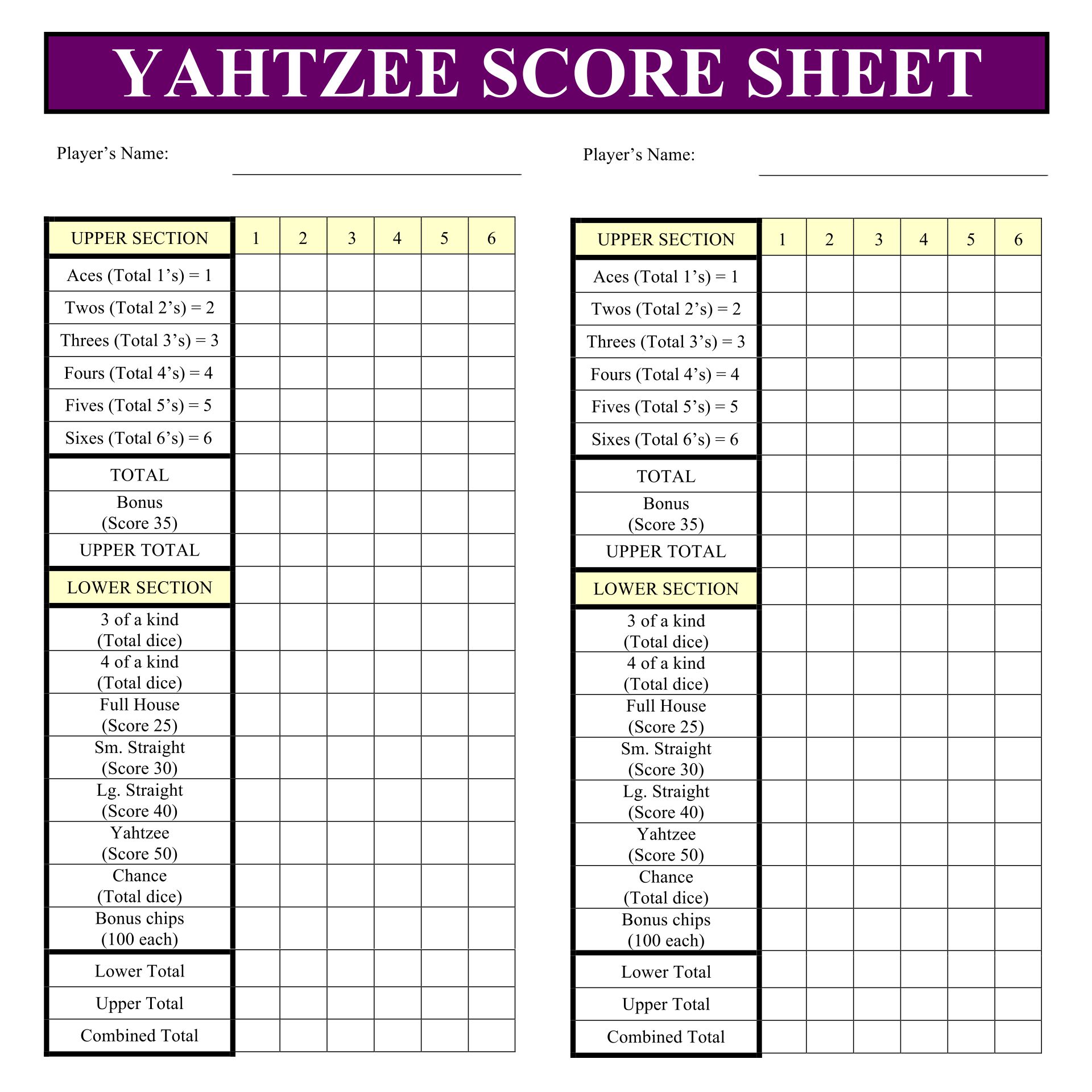 Yahtzee Score Sheet Printable