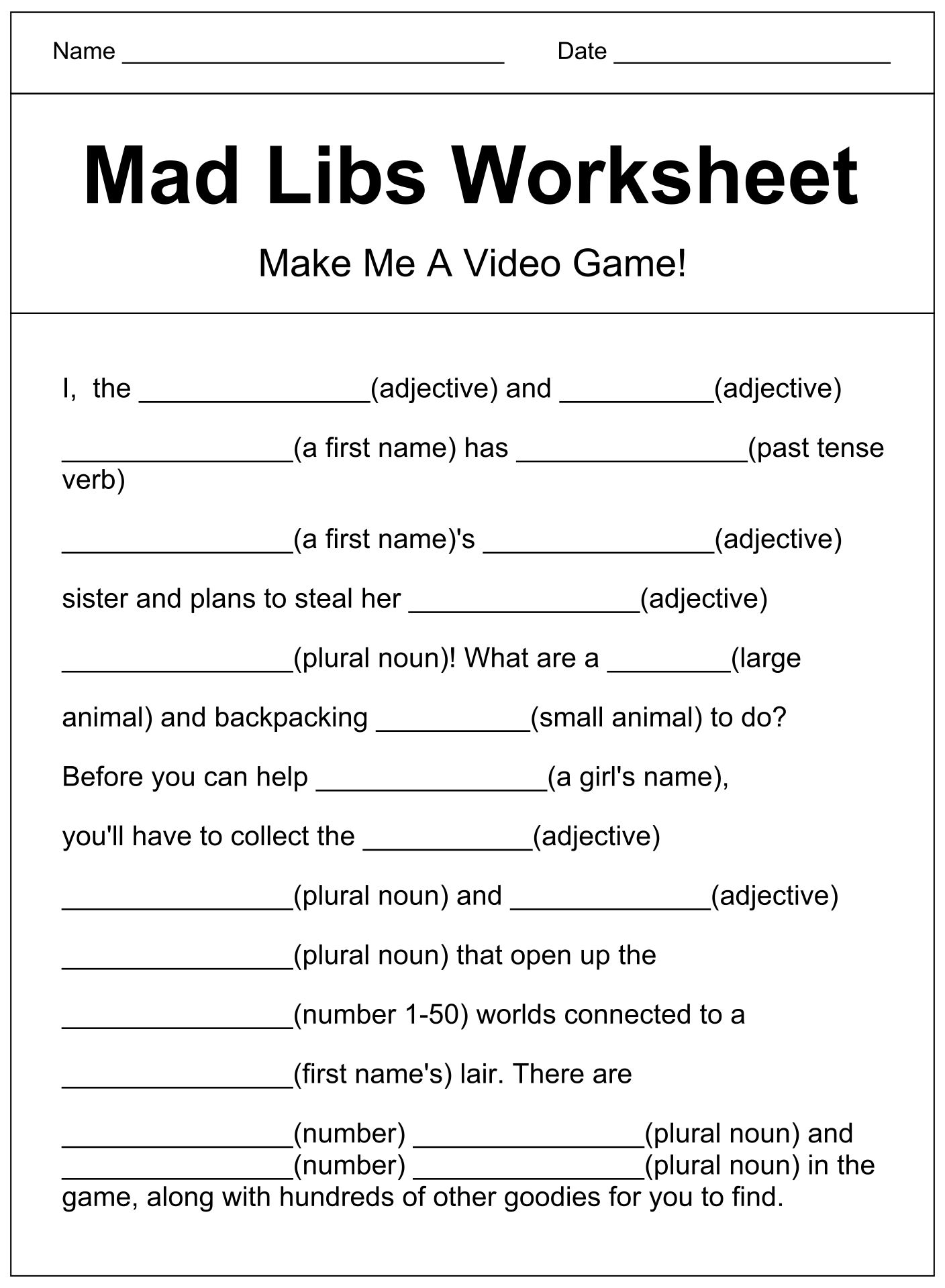 Make Your Own Mad Libs Template