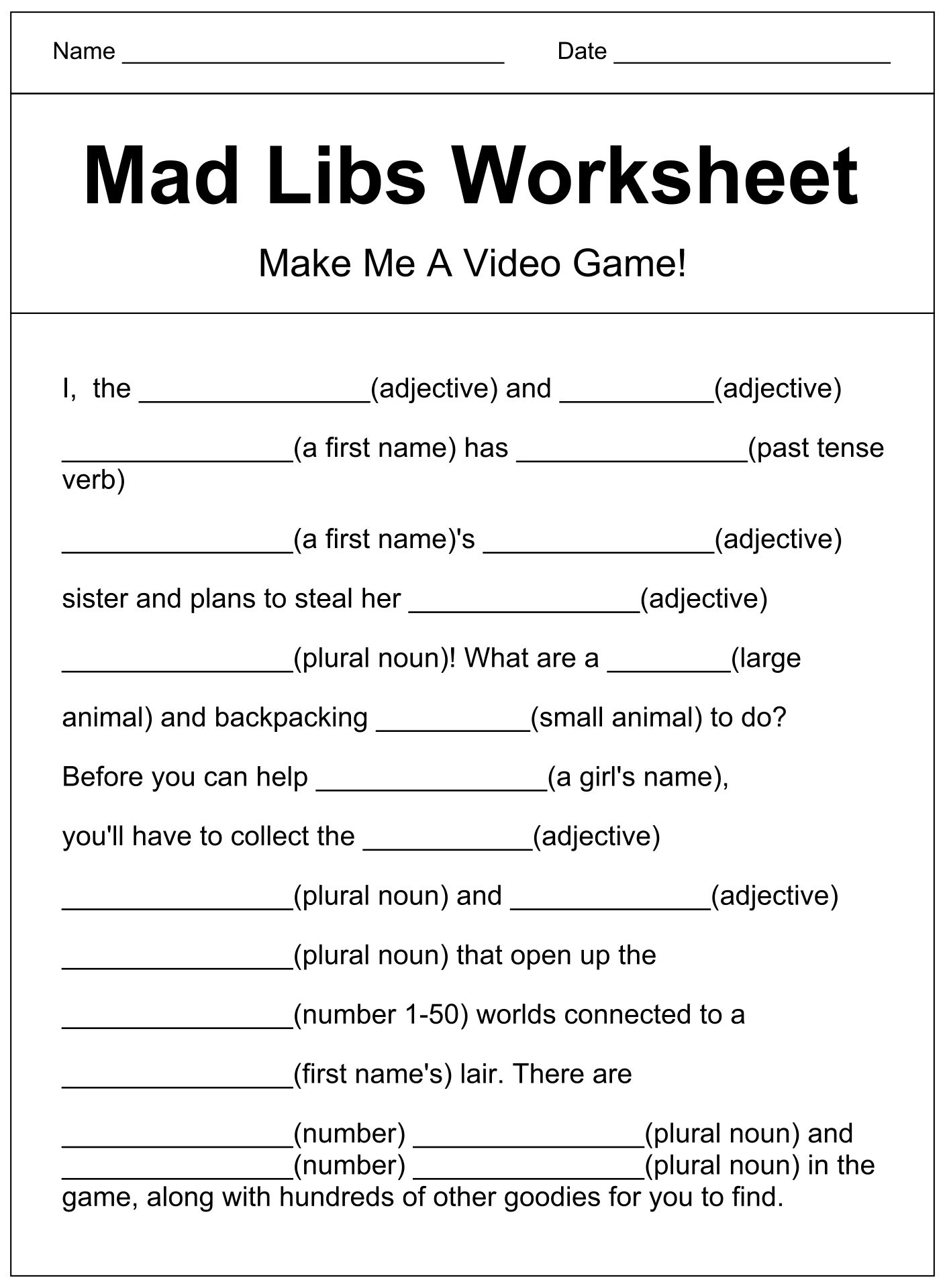 Printable Mad Libs