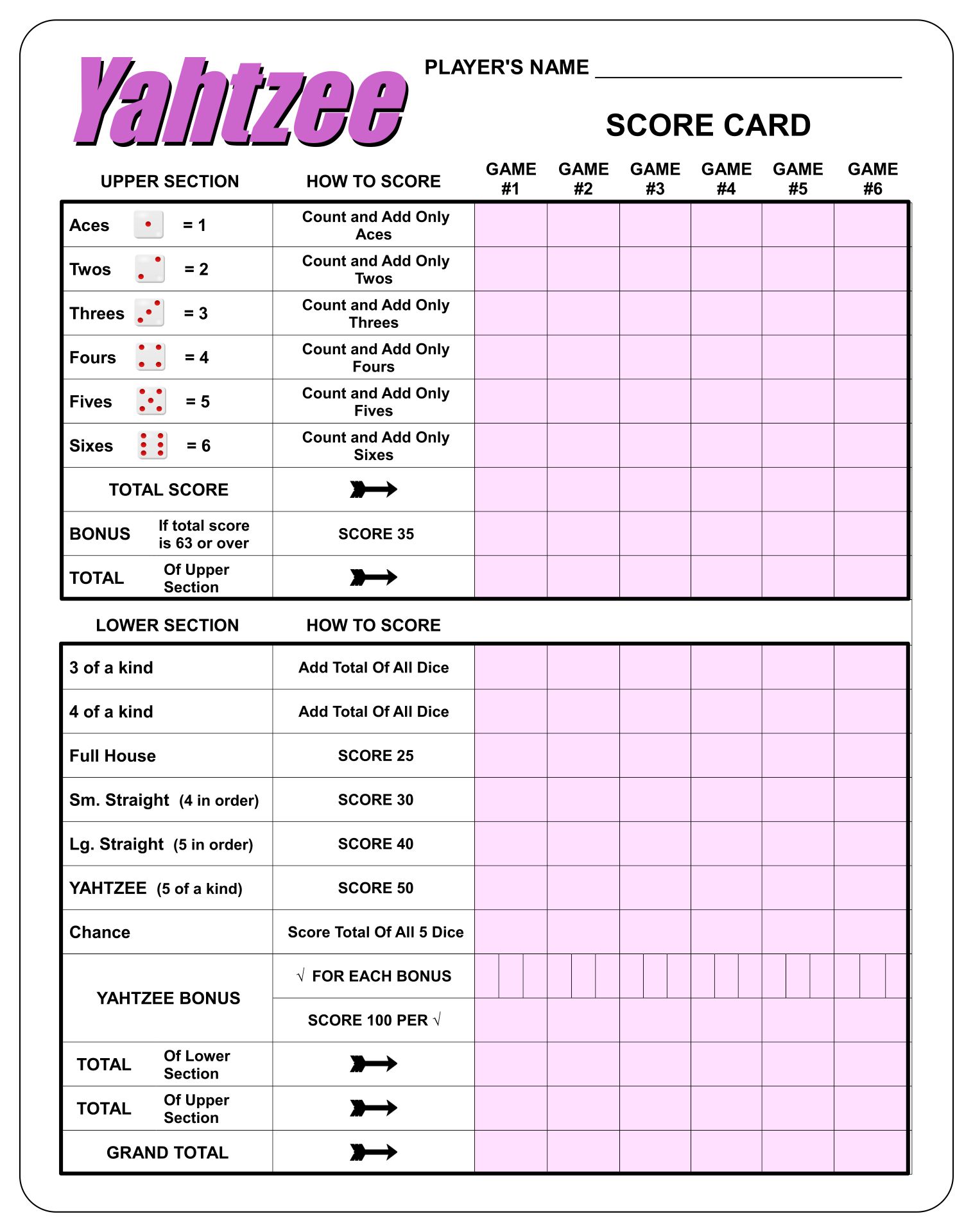 Printable Large Print Yahtzee Score Sheets