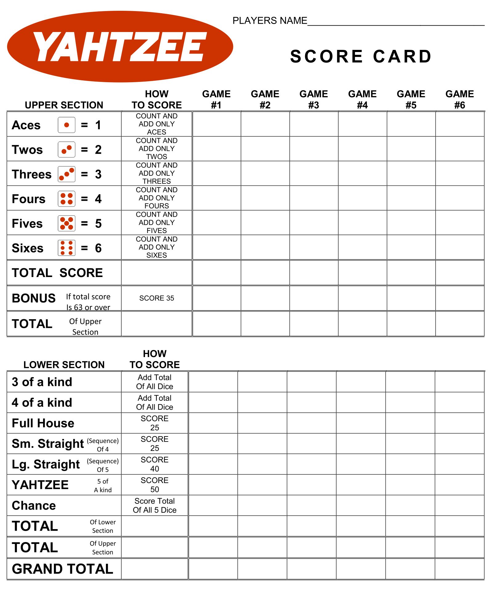 Printable Large Print Yahtzee Score Sheets