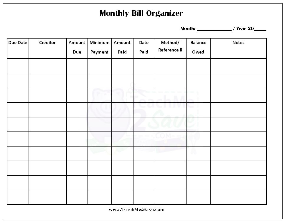 Printable Monthly Bill Organizer Template