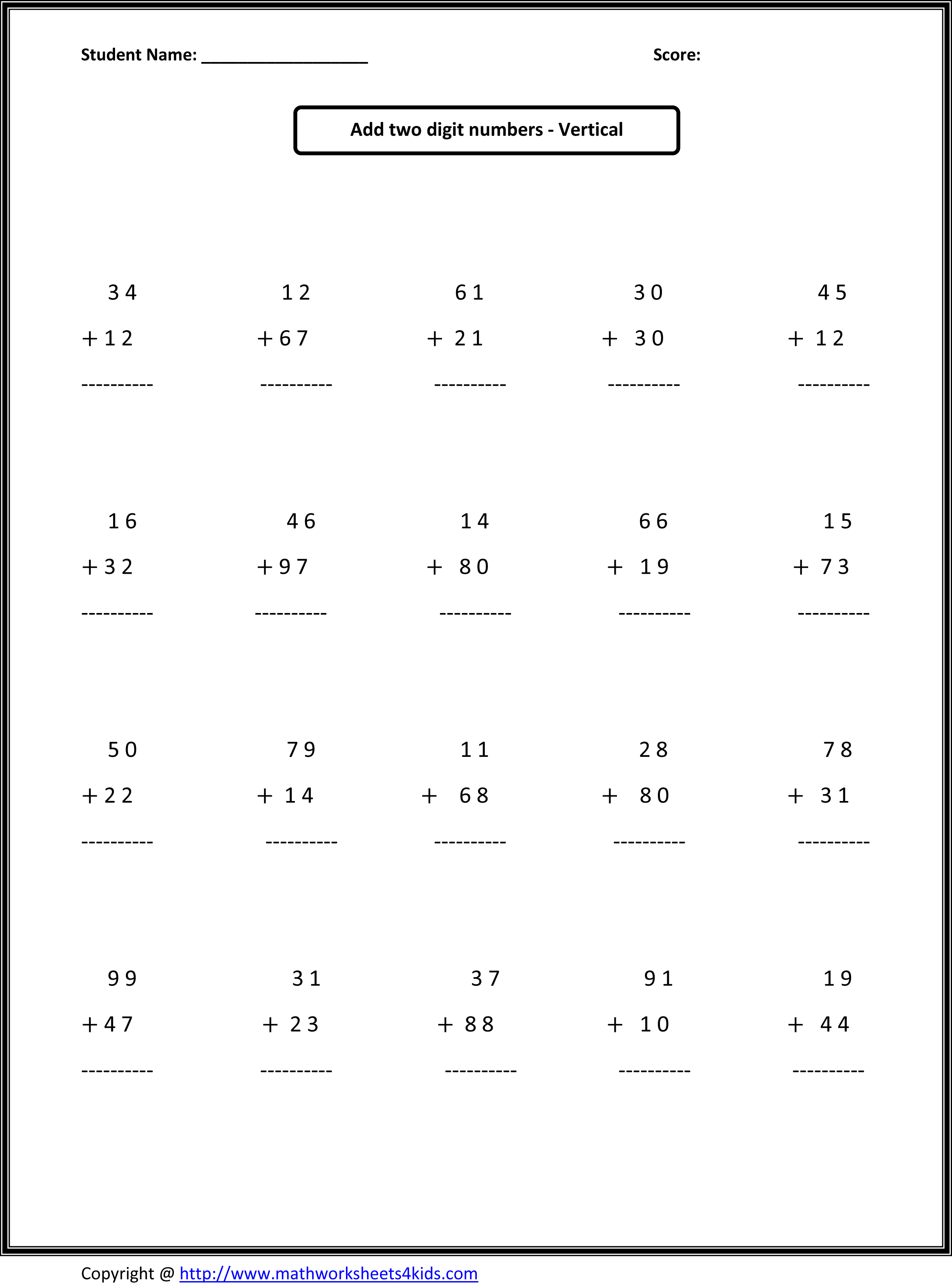 Math Addition Worksheets 2nd Grade