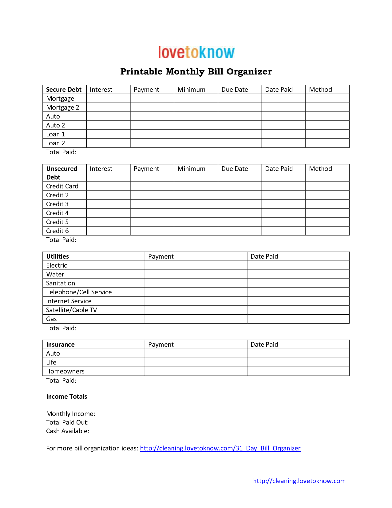 Printable Monthly Bill Organizer Template