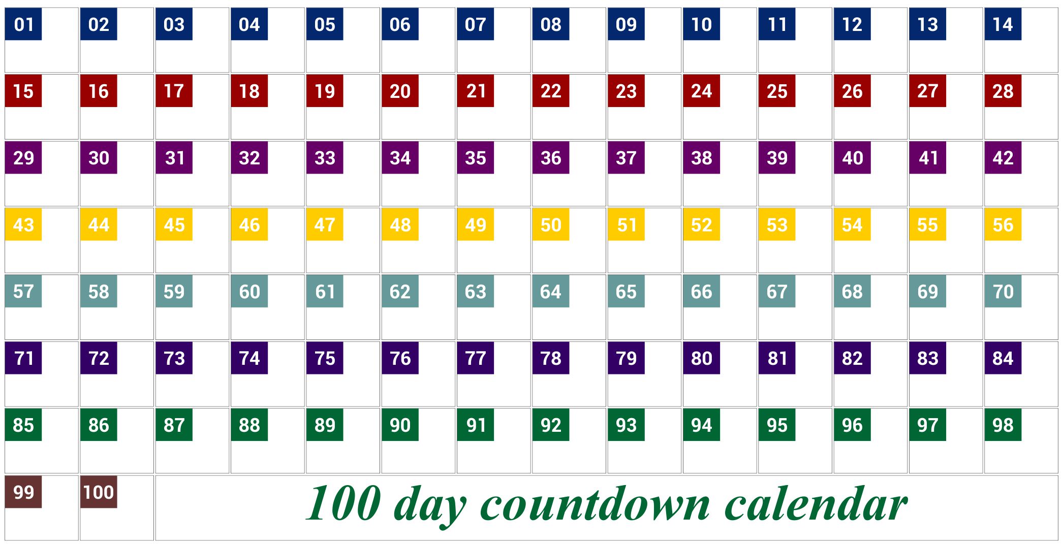 Free Printable 100 Day Countdown Calendar Printable