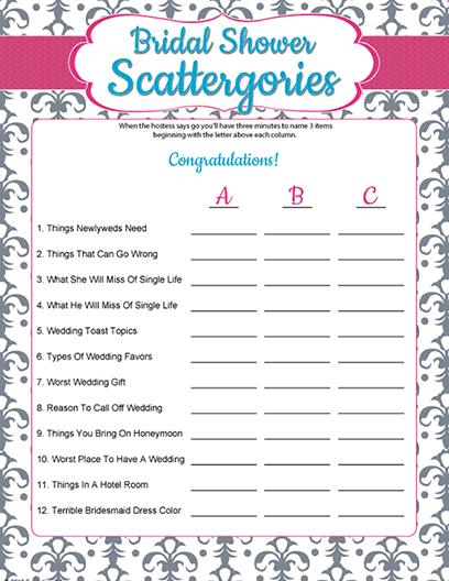 Bridal Scattergories Sheets Printable