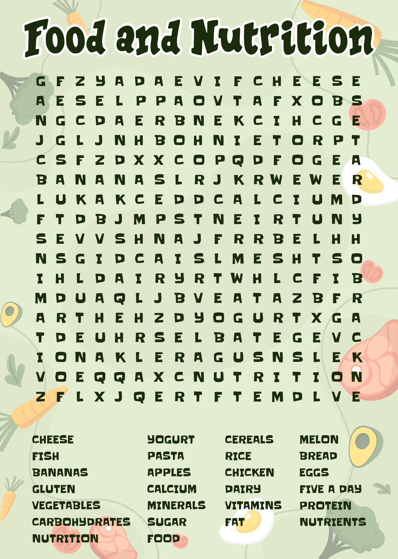 Printable Nutrition Puzzles Word Search