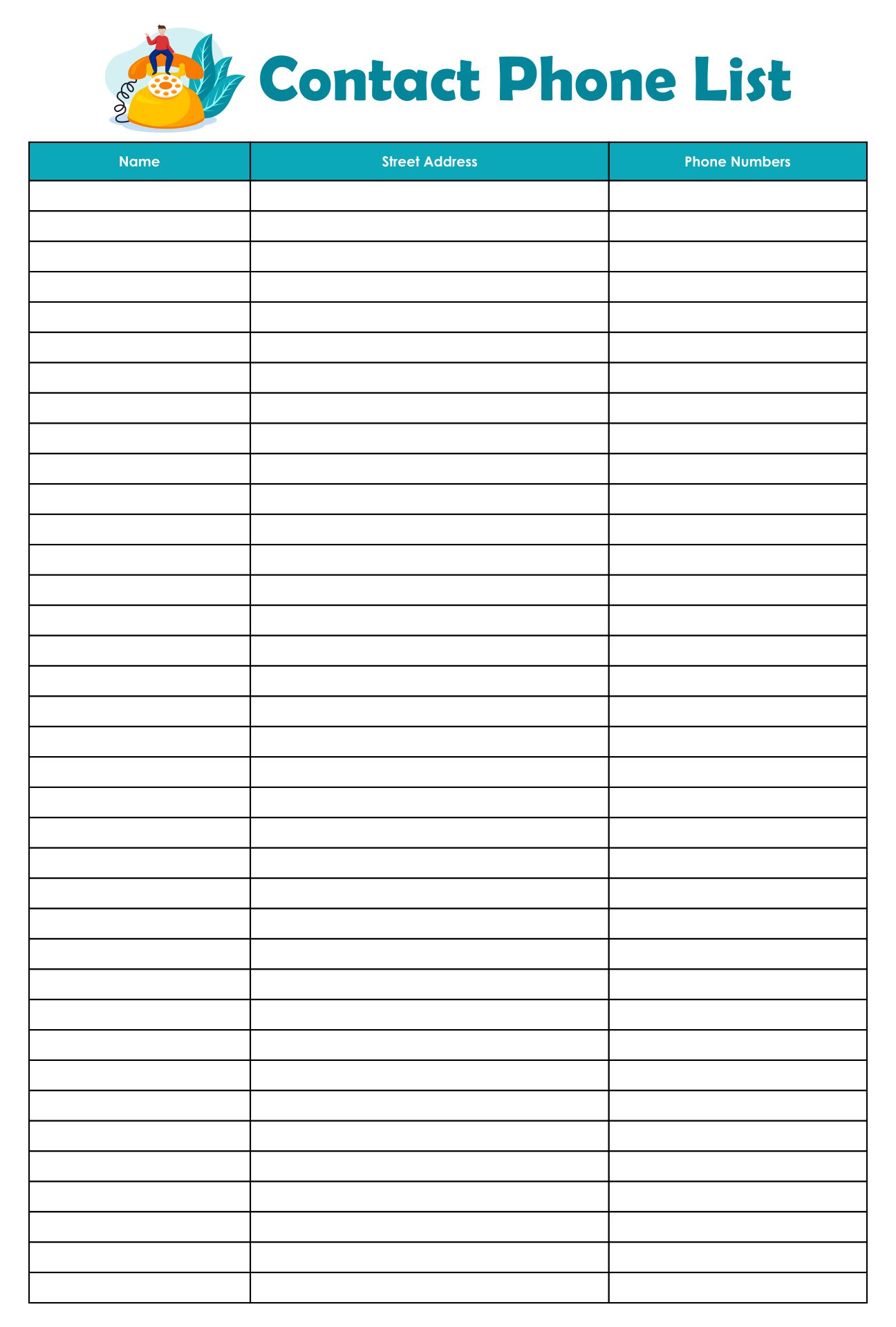 Sheet Printable Name And Phone Number Template