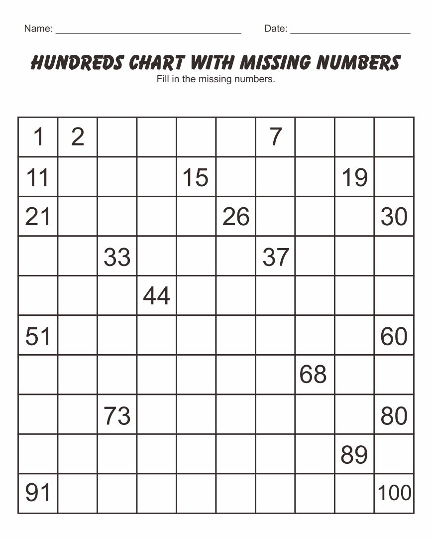 Hundreds Chart With Missing Numbers Printable