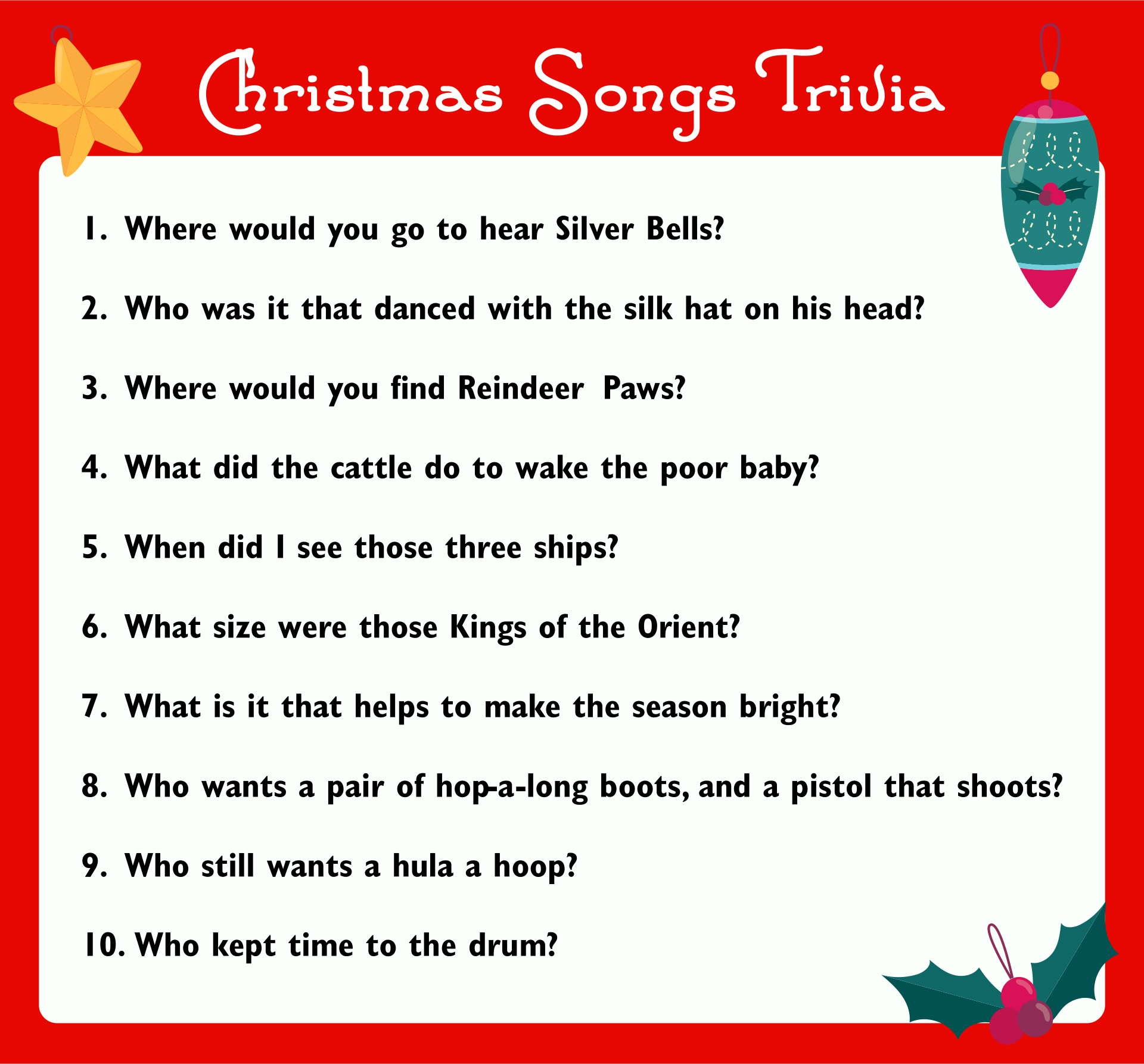Printable Christmas Carol Trivia