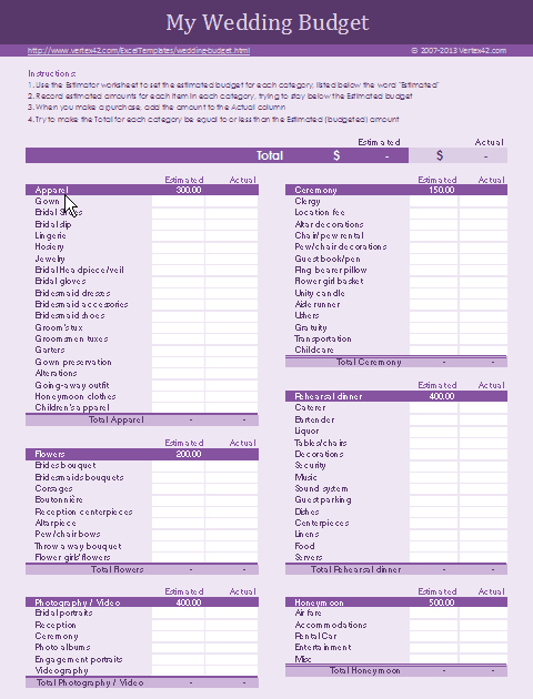 Printable Wedding Budget Worksheet Template